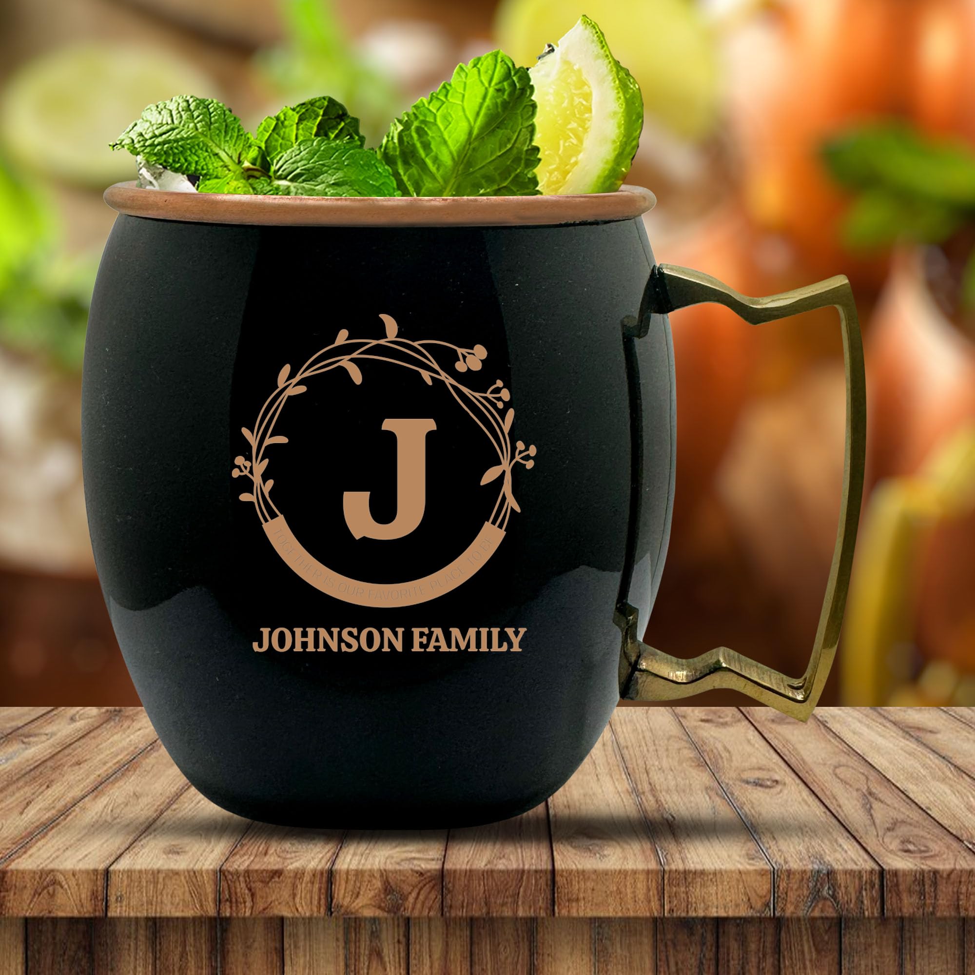 Custom Copper Moscow Mule with Smooth Painted Finish - Engraved Bar Style 100% Copper Cup with Personalized Together Initial Family Monogram Themed Engraving, Brass Handle | 18 oz, Black | Set of 4