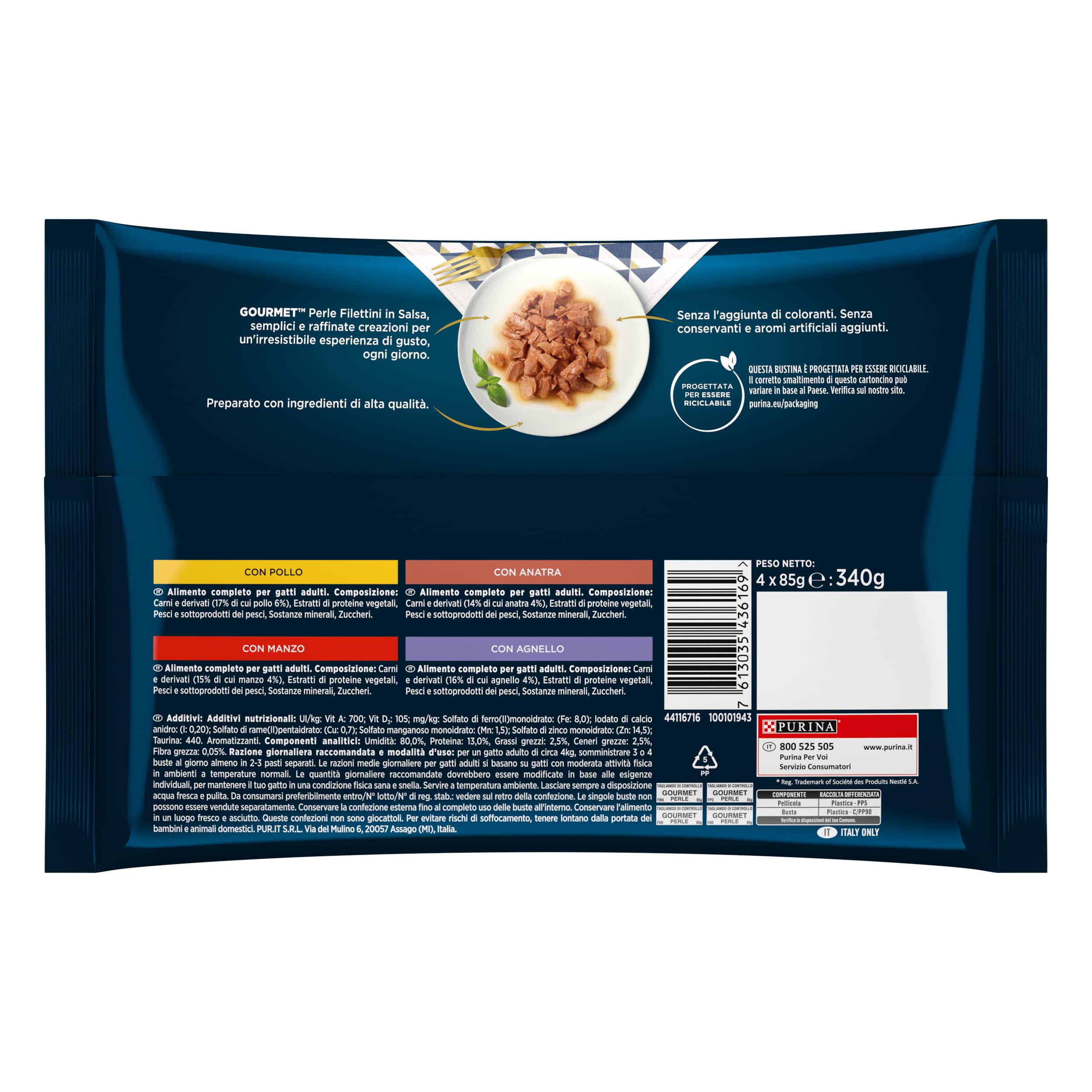 GOURMET Perle Cibo Umido per Gatti Adulti Filettini in Salsa con Agnello, Anatra, Manzo, Pollo 48 Buste da 85g