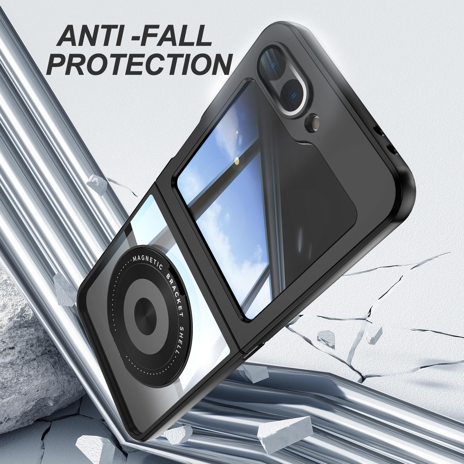 Magnetyczne etui do Samsung Galaxy Z Flip 6, przezroczyste etui z obrotowym pierścieniem, z podpórką, ochrona przed wstrząsami, niebieskie, z klapką 6