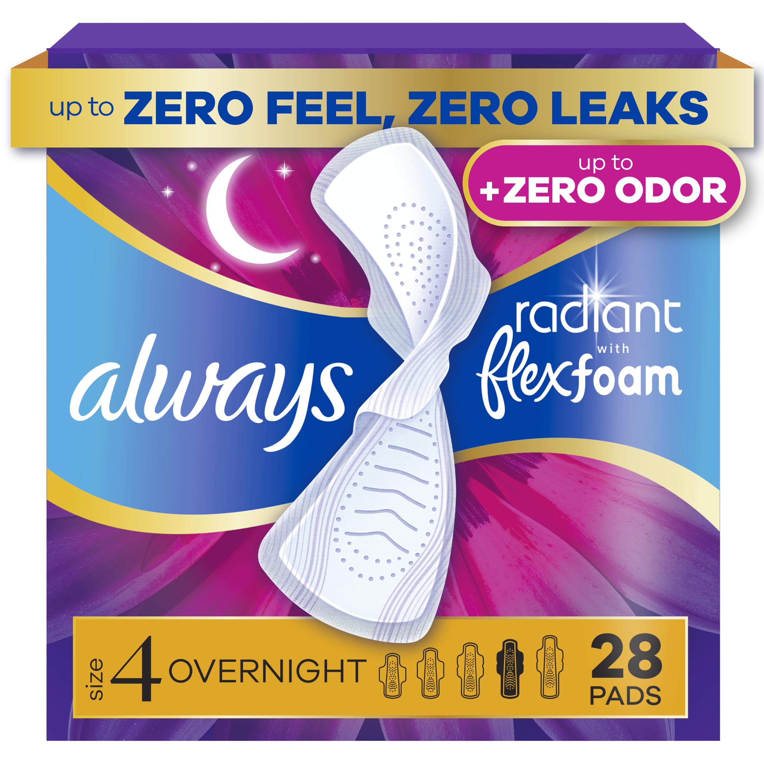 Always Radiant Pads, tamaño 4, absorción nocturna, perfumada, 28 unidades, el embalaje puede variar