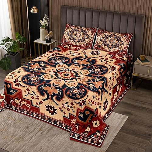 Erosebridal Juego de colcha floral oriental tamaño King con estampado de flores vintage para niños pequeños, juego de colcha de medallón art déco,