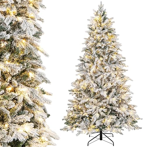 Miniatura 9 de Goplus Árbol de Navidad flocado de nieve preiluminado de 6 pies, árbol de Navidad artificial con bisagras con 1415 puntas de rama, hojas mixtas de