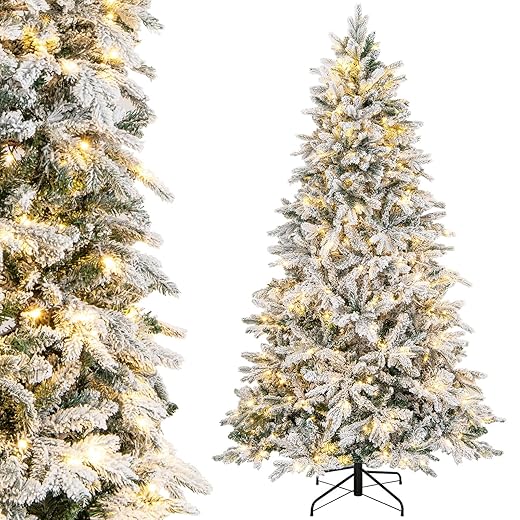 Goplus 7ft Pre-Lit Snow Flocked Christmas Tree, Artificial Hinged Xmas Tree with 1687 Branch Tips, PE & PVC Mixed Leaves, 300 Warm-White LED Lights, Foldable Metal Base, for Home Office Holiday Decor