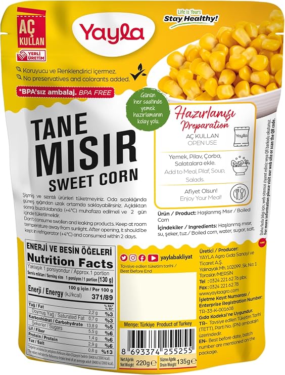 yayla Boiled Corn Grain, 220 gr Single Package