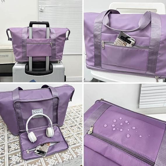 Large Capacity Foldable Travel Bag, Sports Shoulder Bag, Duffel Bag with Wet and Dry Separation, Oxford Fabric, Waterproof (Purple)