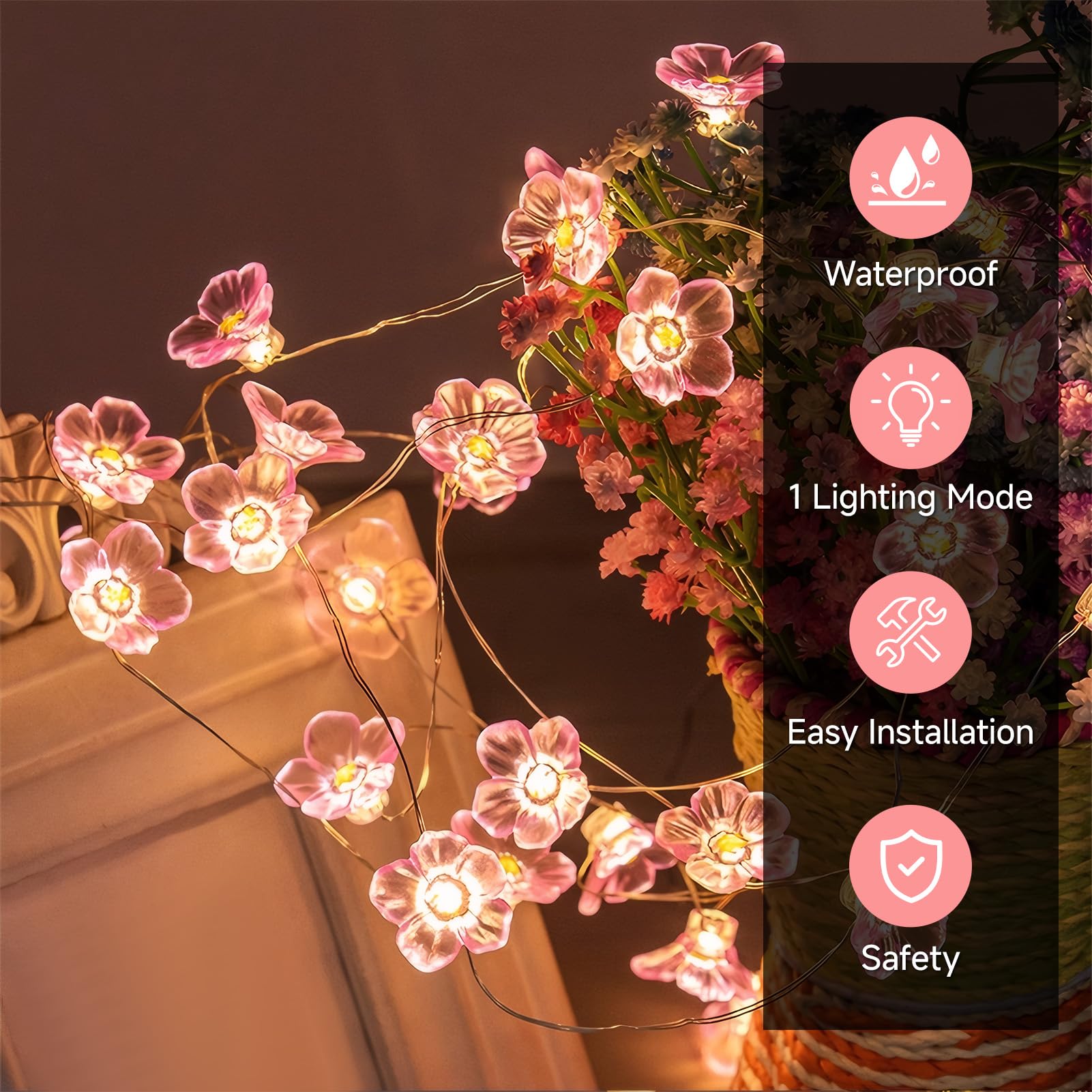 UIHRLM Cherry Blossom Lights, 2M Pink Flower Fairy Lights with 20 LED - Image 3