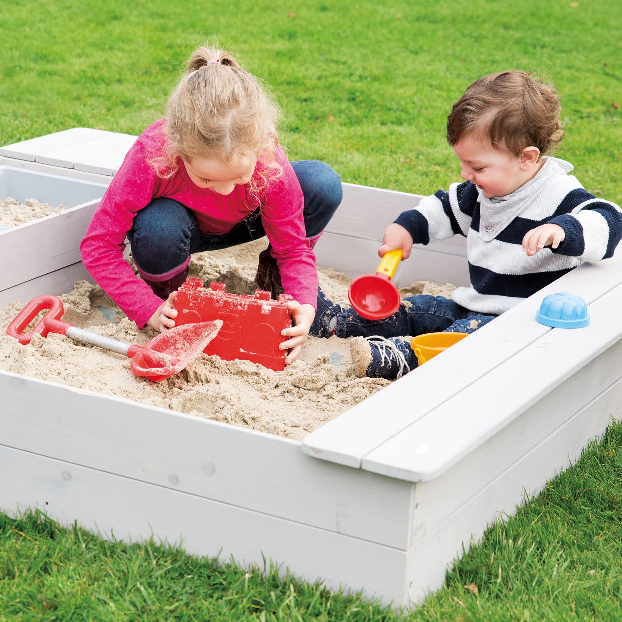 roba Sandkasten Outdoor + Spielwannen - Sandkiste aus wetterfestem Holz - 2 Spielwannen aus Kunststoff & 4 abnehmbare Sitzplatten - Massivholz grau lasiert – Bild 9