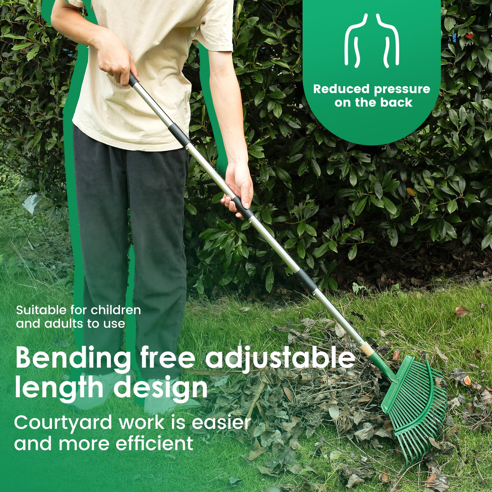 Rastrello da giardino regolabile in metallo, extra largo con manico lungo per la pulizia di prati e giardini, strumento ideale per la manutenzione di piante, terrazze e cortili, durevole ed efficiente
