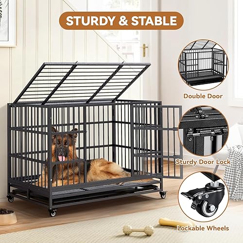 Miniatura 4 de Jaula para perros con bandeja extraíble, 37/42/46 pulgadas, jaula de acero indestructible y a prueba de escapes para perros de alta ansiedad, jaula