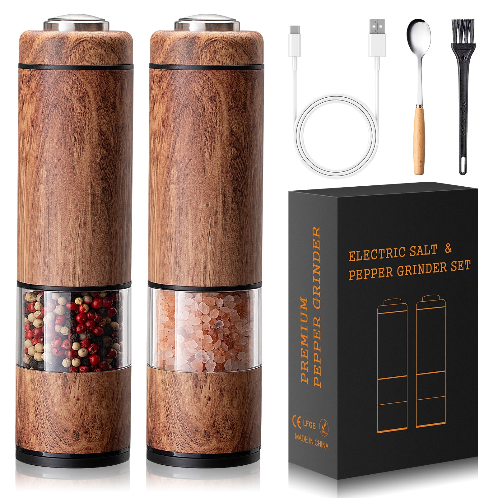 Fruspace Electric Salt and Pepper Grinder Set Wood Grain