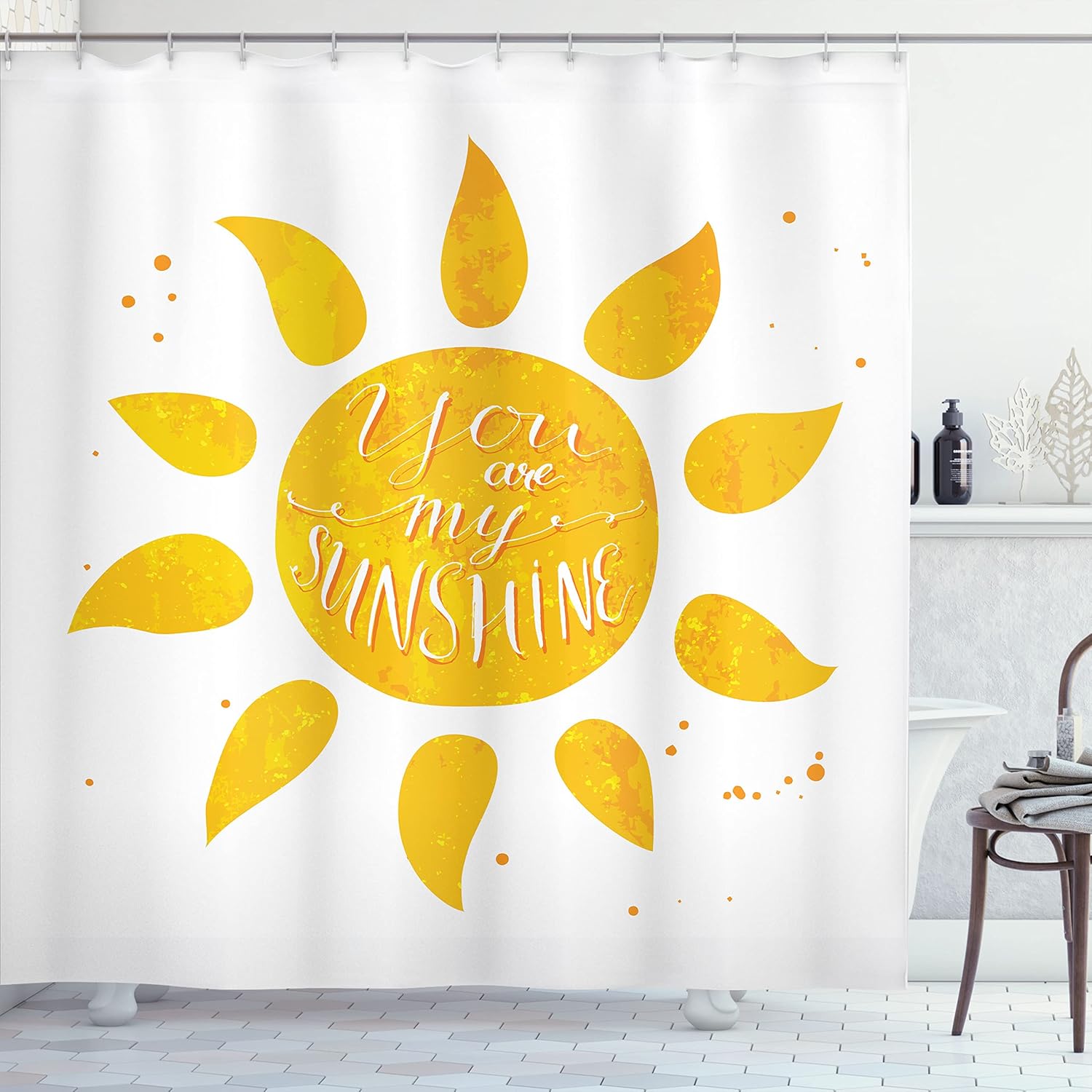 Ambesonne Saying Shower Curtain, Sunshine Lettering with Grungy Effects Featured Better Half Abstract, Cloth Fabric Bathroom Decor Set with Hooks, 69" W x 84" L, Yellow