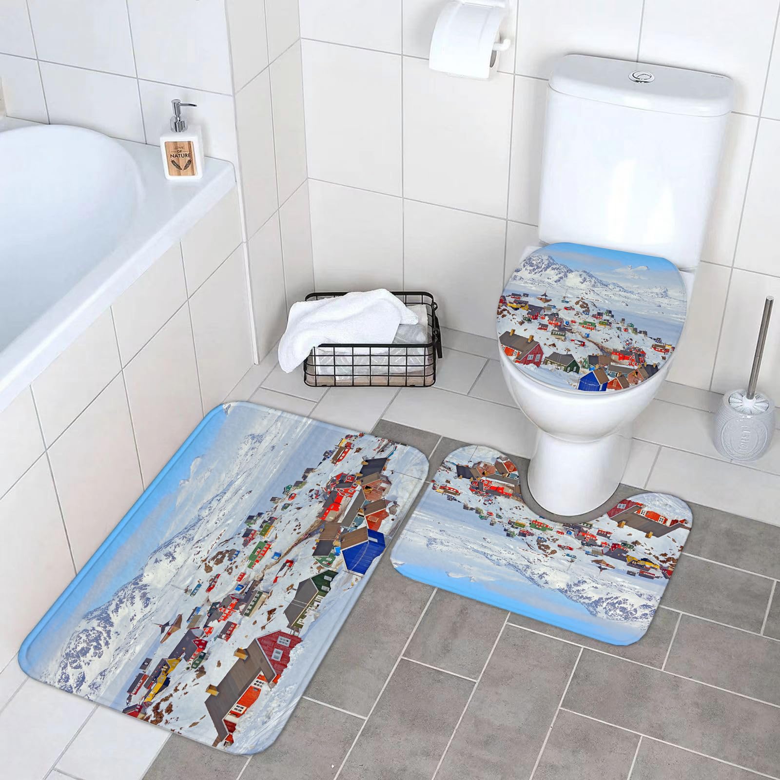 Set di 3 tappetini da Bagno, Lavabili in Lavatrice e Antiscivolo, tappetini in Morbida Fibra Superfine, raffiguranti la Città di Ilulissat in Groenlandia Durante l'inverno (2)