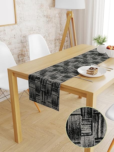 S9home 6 Seater Grunge Black Chenille Jacquard Table Runner 72x12 inches