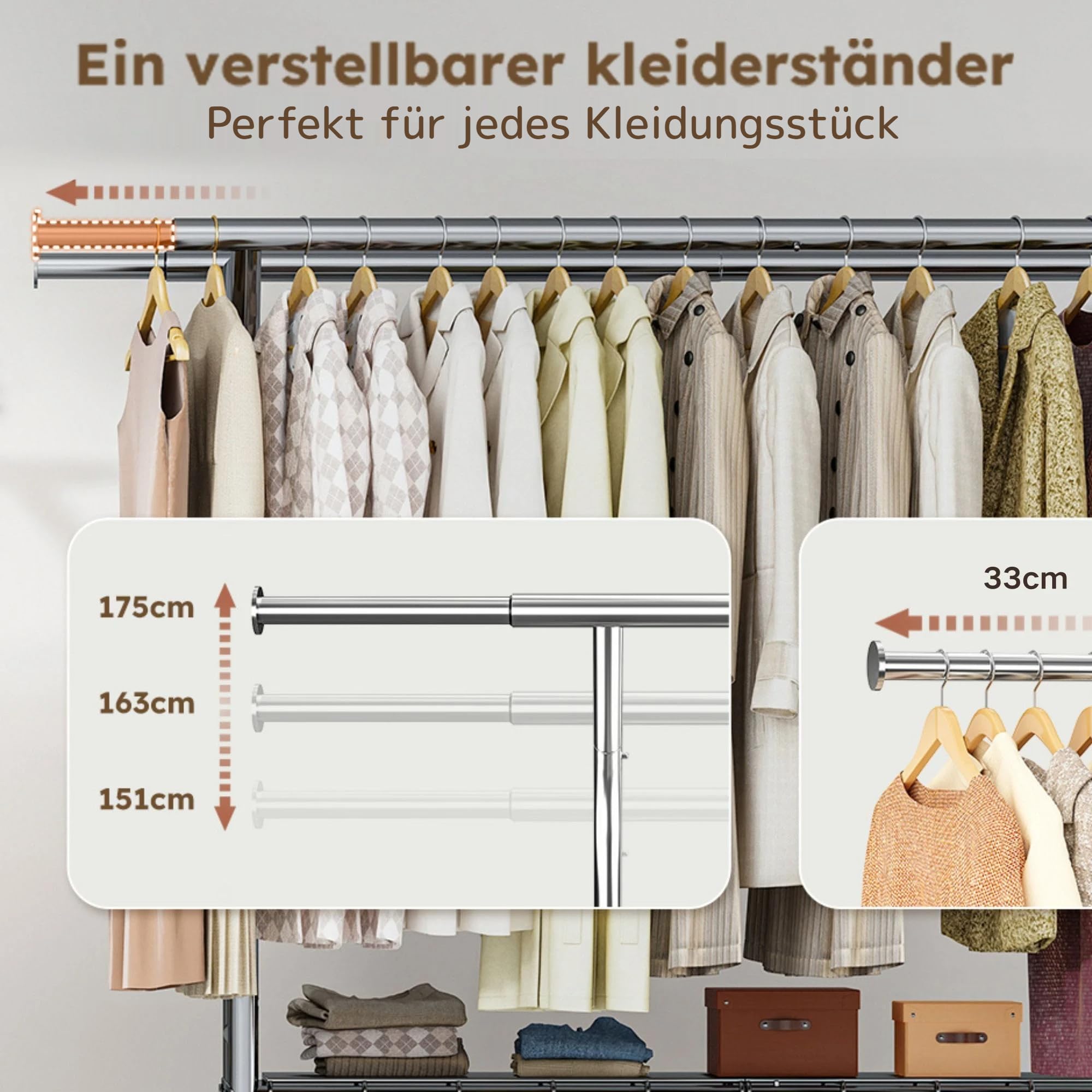 128-189cm Ausziehbare Kleiderständer auf Rollen mit 2 Lagernetzen | 200 kg Traglast, 128-189cm Ausziehbare Kleiderständer,151-175cm Höhenverstellbar Kleiderstange für Kleider,Jacken,Verchromt