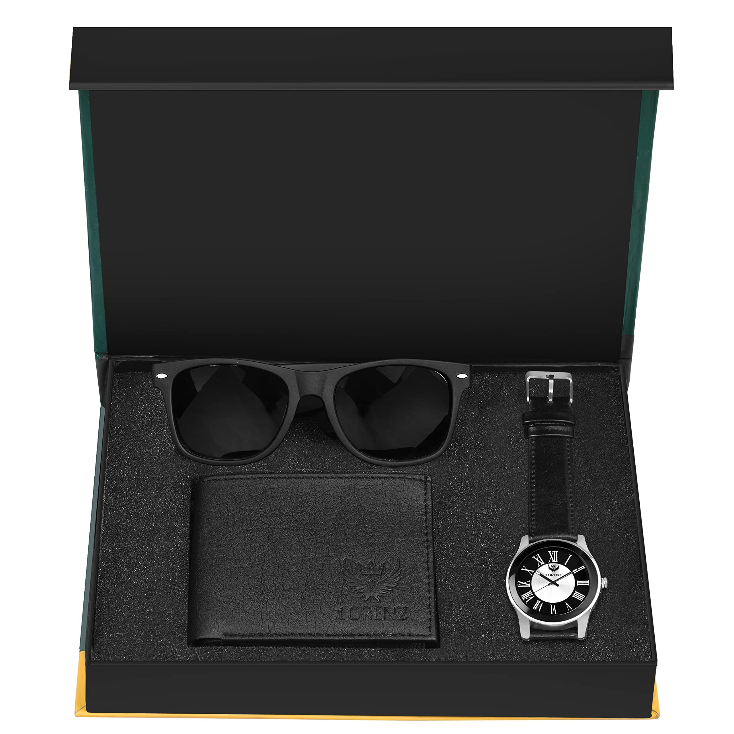 LORENZ Gift Combo Set of Black Analog Watch, Black Sunglasses & Hi-Quality PU Wallet for Men | CM-406SN1-WL-01 (B0B2DWZBJ2) Amazon Price History, Amazon Price Tracker