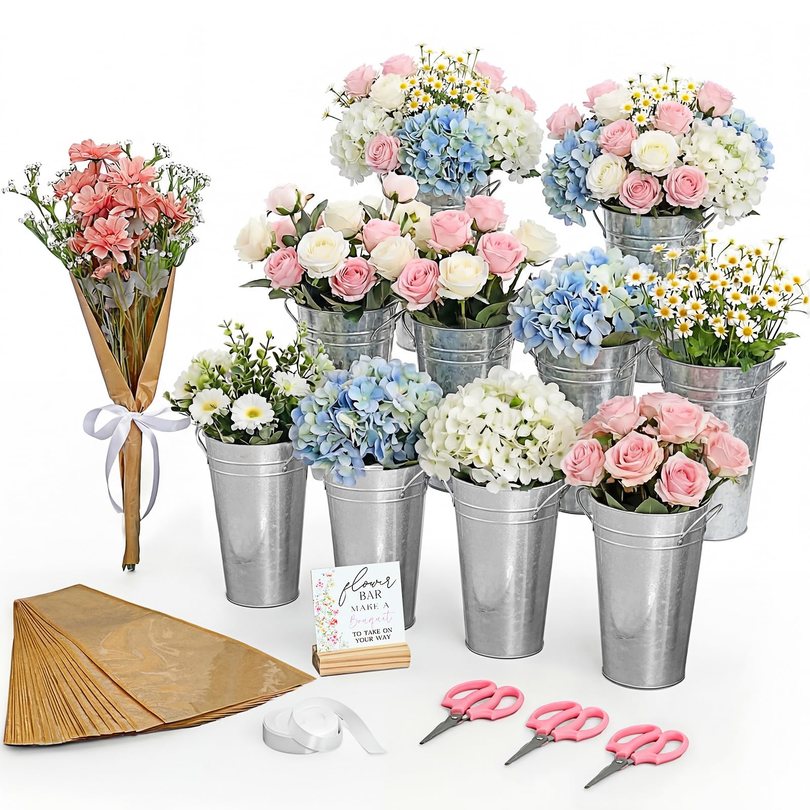 Photo 1 of 55pcs Flower Bar Buckets Set 10 Inch Galvanized Metal Bucket Flower Wrapping Bags with Ribbons Wood Sign and Floral Shears for Florist Bridal Shower Wedding Table Centerpieces (Silver)