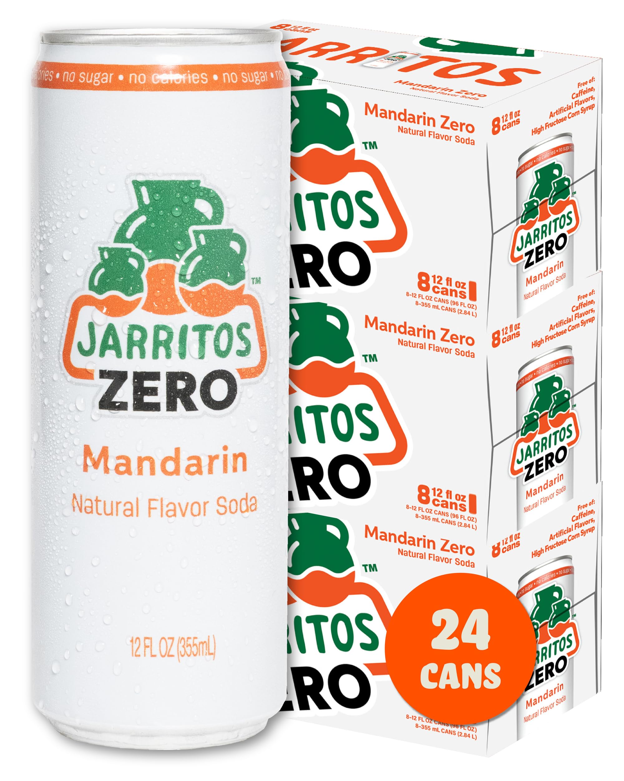 JarritosMexican Soda Soft Drinks, Mandarin ZERO Sugar (12 oz, 355ml) 24 Cans (3 Boxes of 8) - Sugar Free - 0 Calories, 0g Fat - Made in Mexico - Natural Flavor Soda Pop - Party & BBQ Beverages