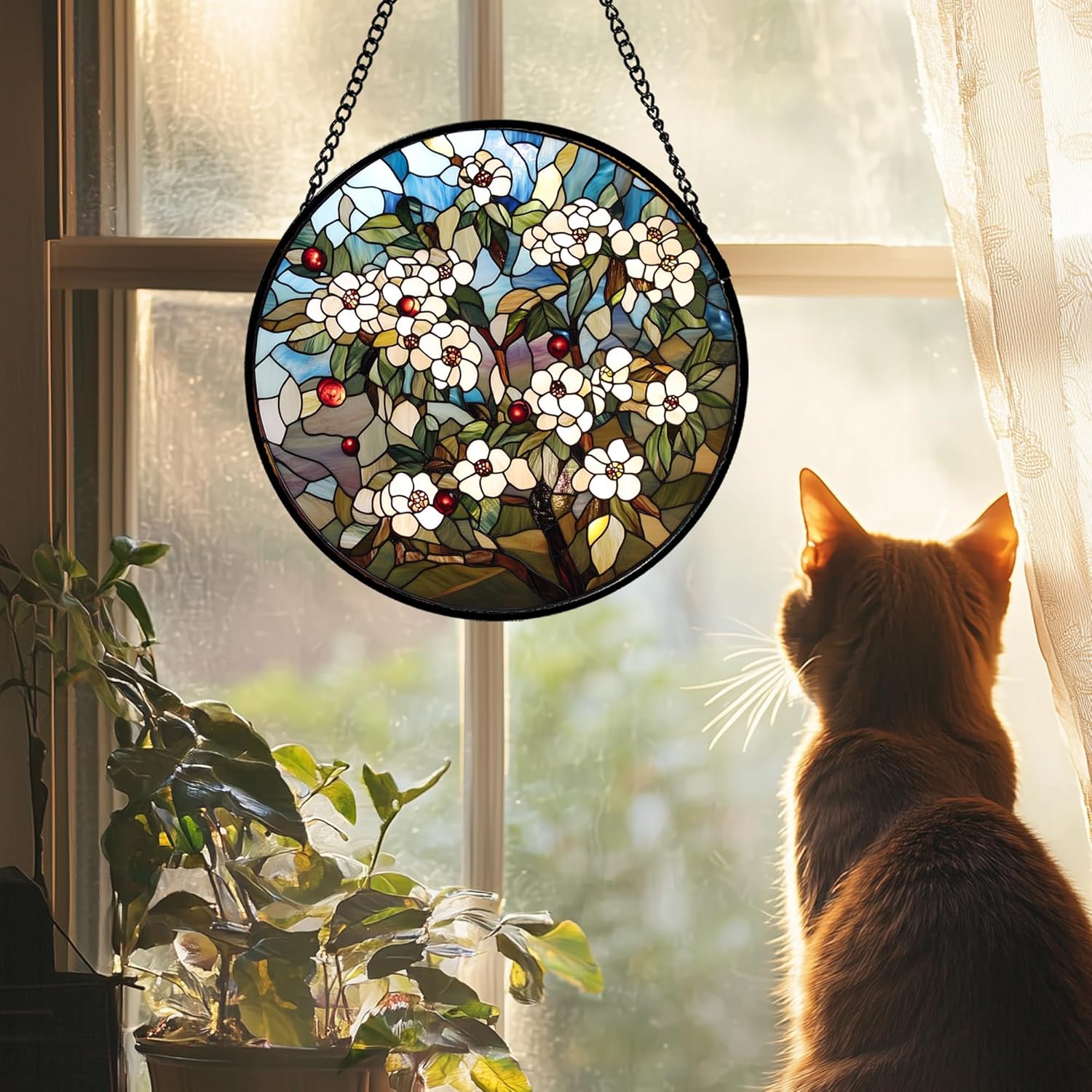 Stained Glass Window Hanging - Dogwood Flowers Suncatcher for Door Garden Home Decor Retro Plants Sun Catcher Birthday Mother's Day for Lovers Friend Women Mom Nana 11.8 in