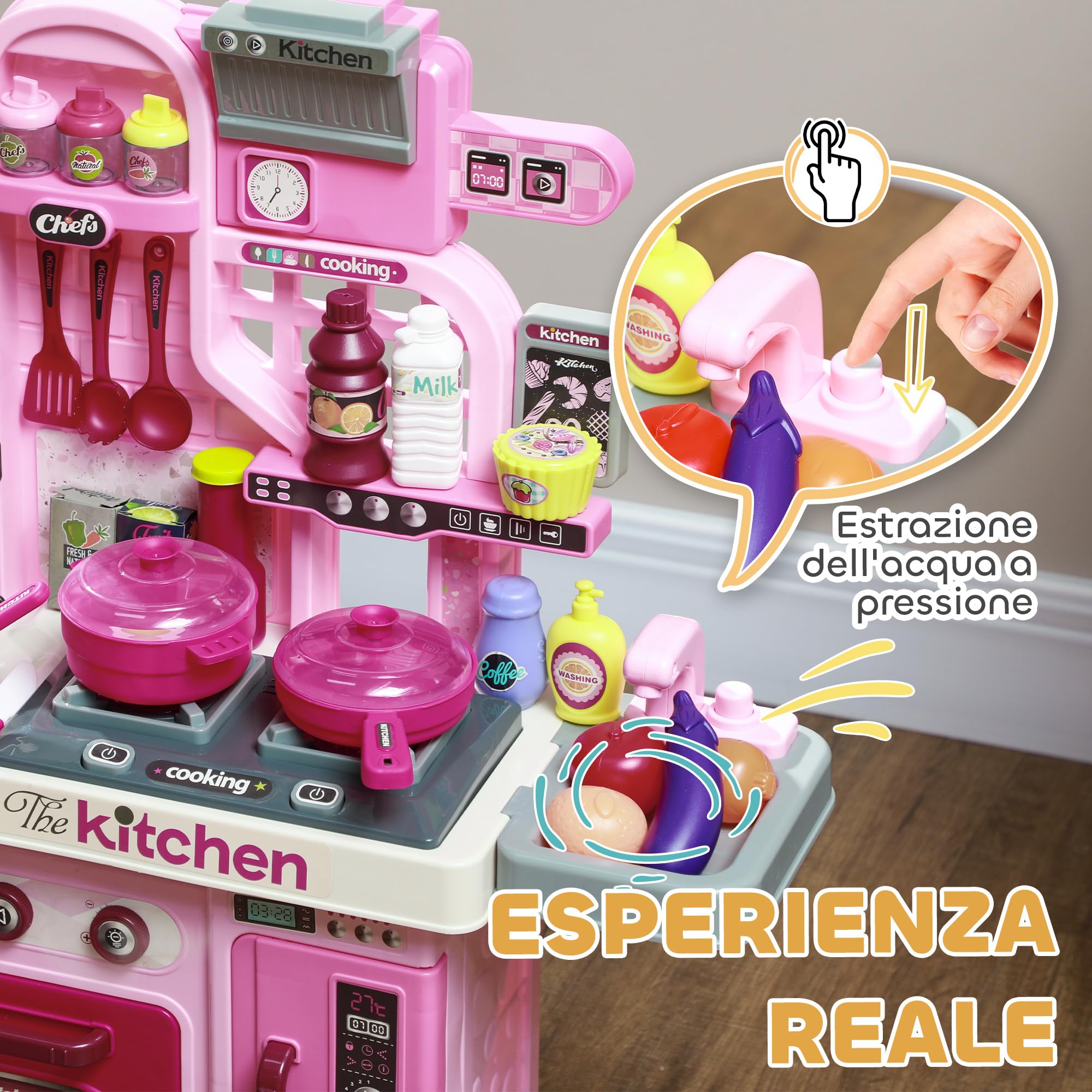 AIYAPLAY Cucina Giocattolo per Bambini da 33 Pezzi con Luci, Suoni e Rubinetto, Gioco per Bambini in PP e ABS, 53x22x69 cm, Rosa
