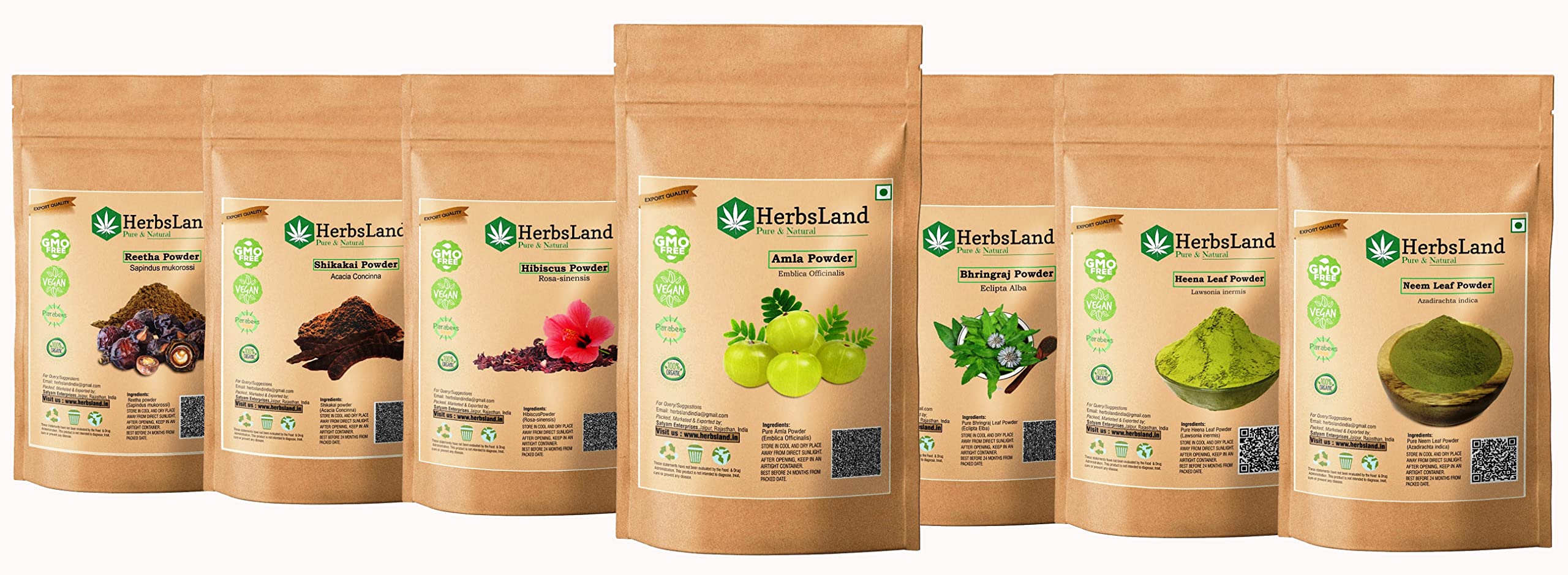 HerbsLand® Bio Organic Amla Reetha Shikakai Hibiscus Bhringraj Heena Neem leaf powder for Face & Skin Care | Hair Growth & Natural Hair Shampoo | Anti-Dandruff | Hair Pack (70 gm Each) (490 gm)-picture-16