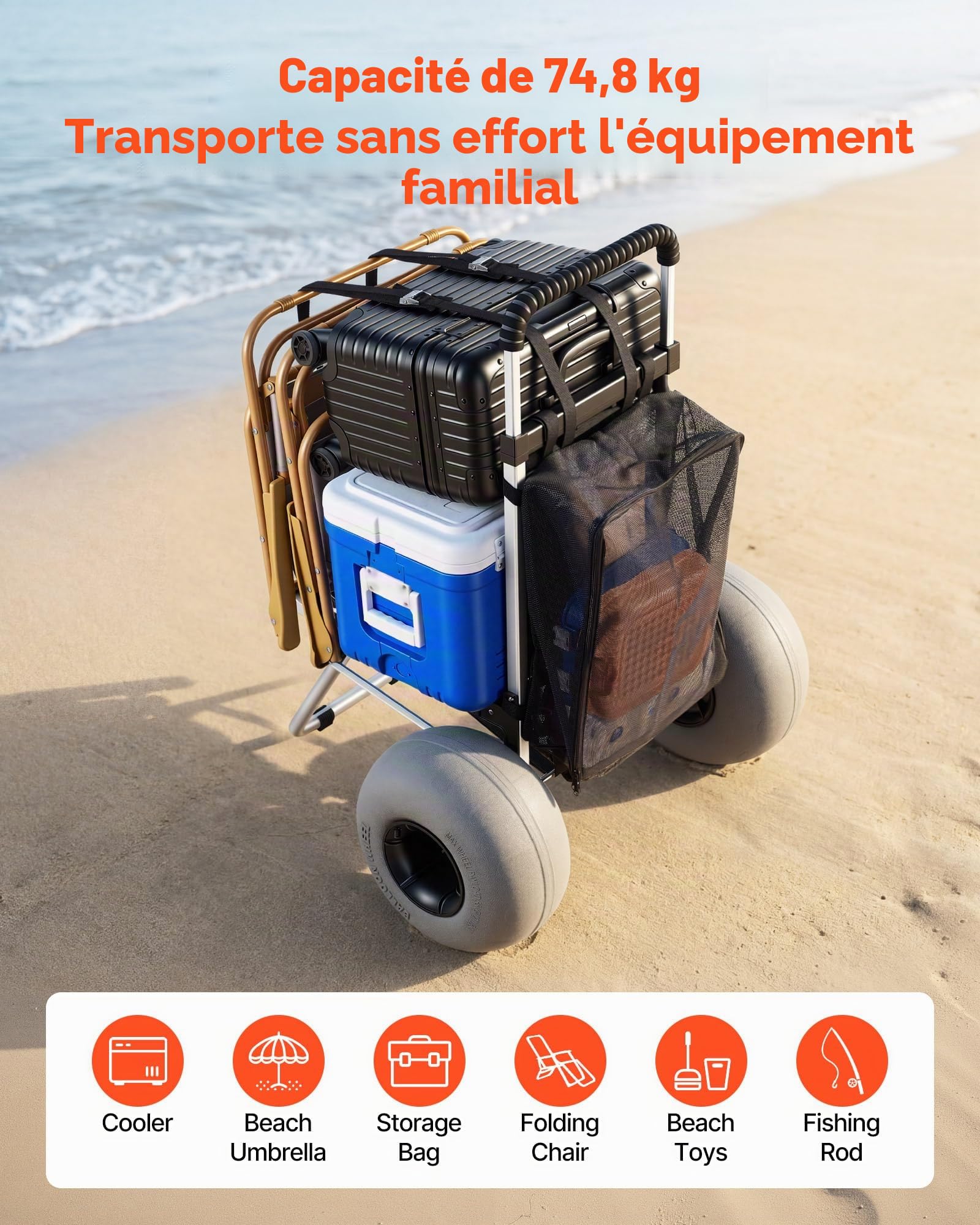 VEVOR Diable de Plage Tout-Terrain, Chariot de Transport Pliable Charge Maximale 75 kg, pour Camping Pêche Jardin Extérieur, Plateau de Chargement 50,5x37,4 cm, Roues Ballons 32 cm, Hauteur Réglable