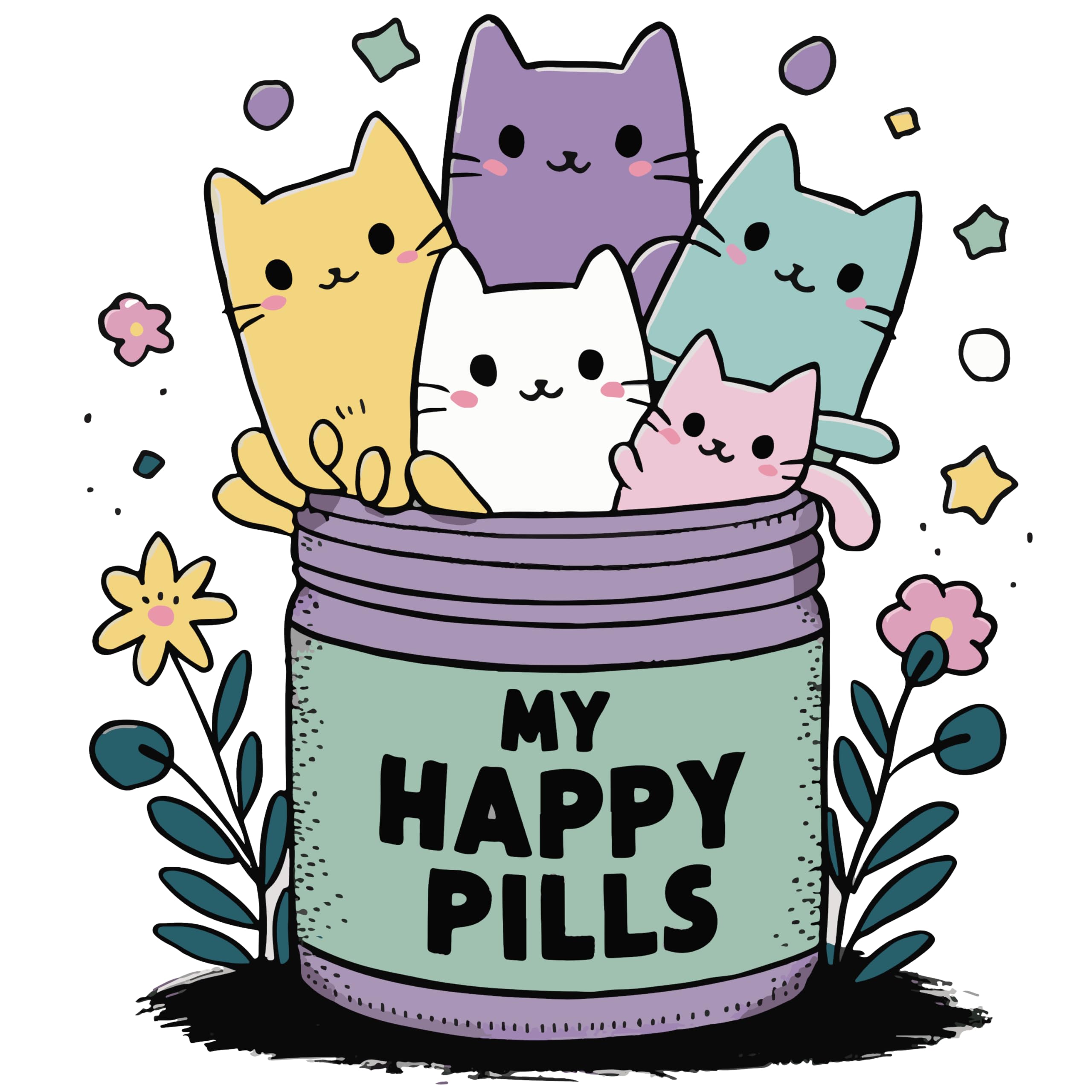 Kawaii My Happy Pills Cat Jar: My Daily Dose of Happiness Mental Health Glossy Self Adhesive Sticker