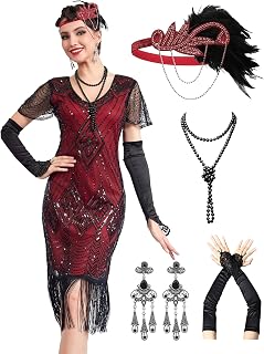 MTITE 1920s Dresses for Women, Great Gatsby Dresses Roaring 20s for women, Sheer Beaded Sleeves Costume with accessories