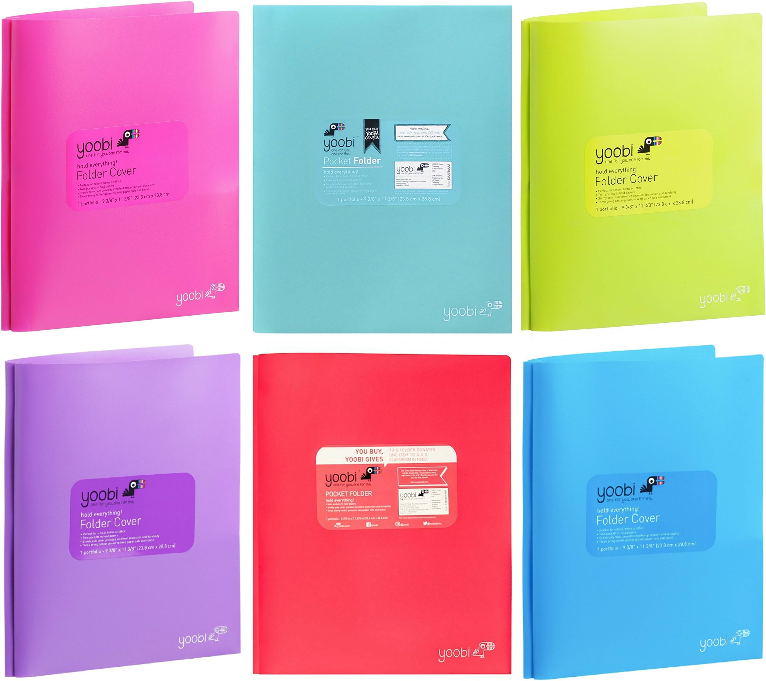 Yoobi Poly Folders with 3 Prongs & Twin Pockets - Pack of 6 - Assorted Colors