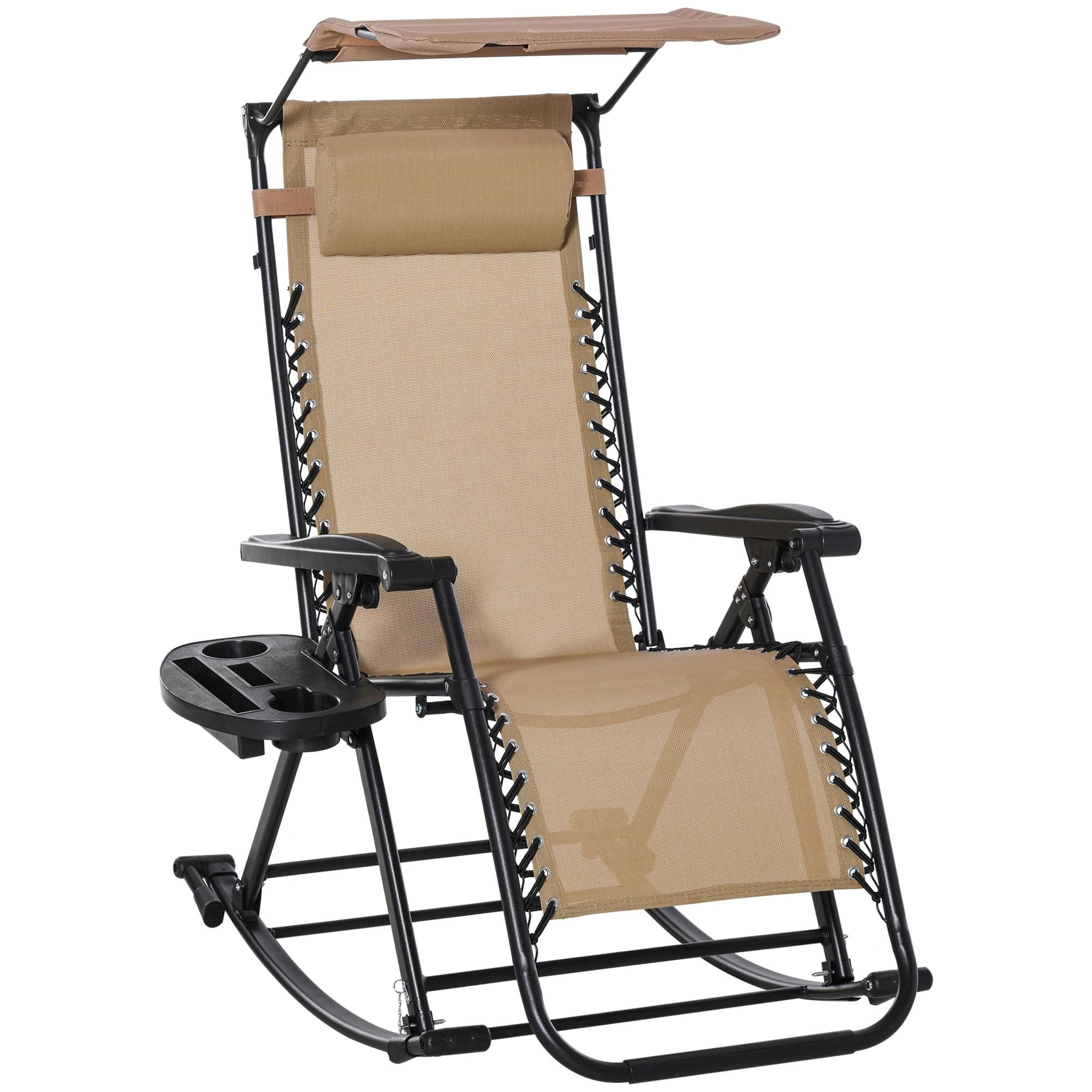 Outsunny Garden Rocking Chair Folding Recliner Outdoor with Headrest Beige | Adjustable Sun Lounger Rocker, Zero-Gravity Seat, Side Holder, Patio Deck Use