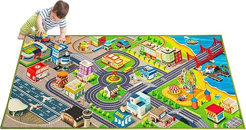Alfombra de juegos 3D City Life para niños, tapete de actividades extra grande de 30 x 60 pulgadas para autos de carreras y juguetes, alfombra de