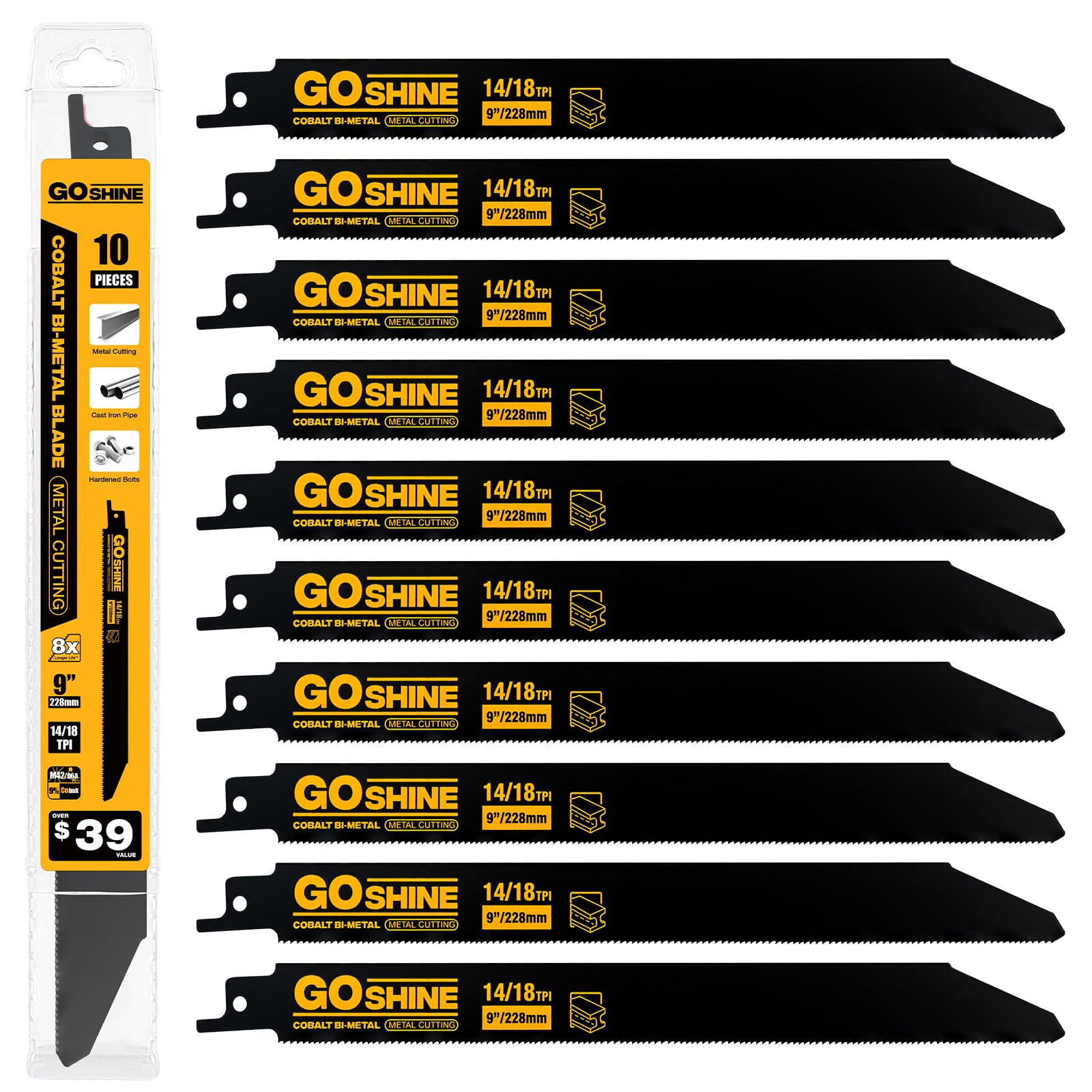 Goshine Paquete de 10 hojas de sierra alternantes bimetálicas de 9 pulgadas 14/18TPI para metales medianos de 1/16-5/16, dientes de cobalto de 9 pulgadas, cuchillas de sierra de metal