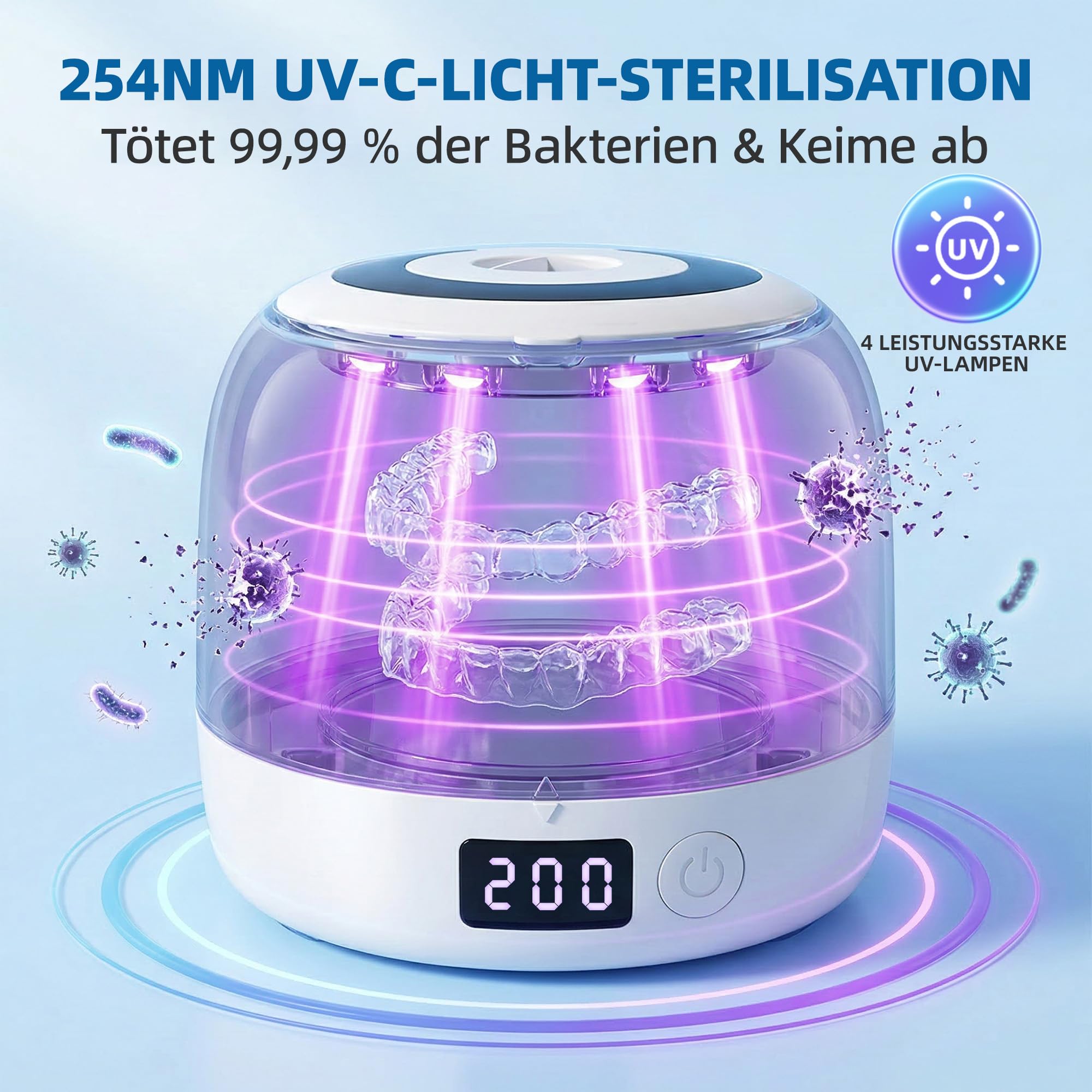 Carehabi Ultraschallreinigungsgerät Zahnschiene & Prothesen - 45kHz Dental Pod mit UV-Licht & Abnehmbarem 200ml Tank - Elektrischer Reiniger für Aufbissschienen, Retainer, Zahnspangen & Schmuck