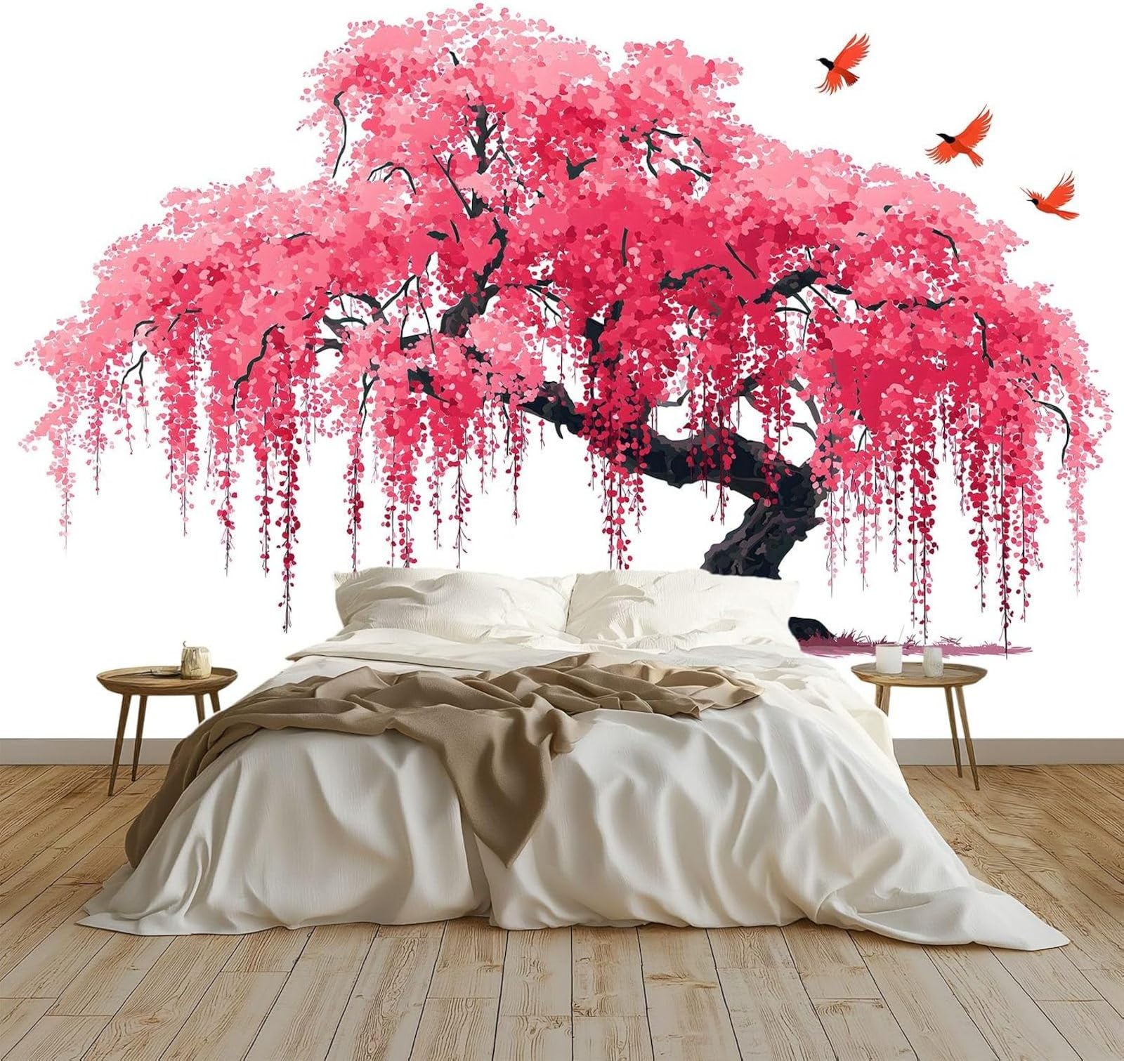 hgjdjhnf Cherry Blossom Trees Non-Woven Wallpaper Modern Bedroom Living Room Photo Wallpaper White 250cm x 175cm