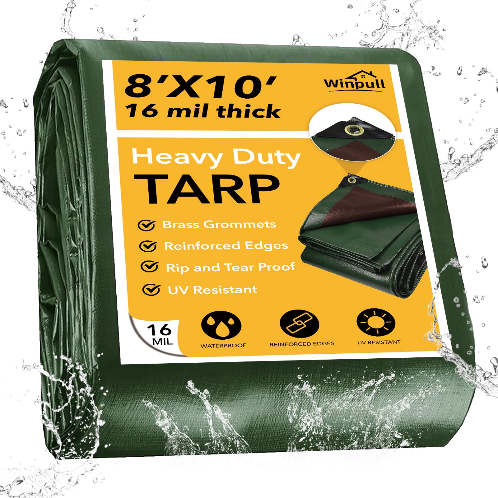 Winpull Tarp 8x10 Feet 16 Mil Heavy Duty Waterproof Tarp, Large Multipurpose Cover with Brass Grommets and Reinforced Edges, UV Resistant Thick Poly
