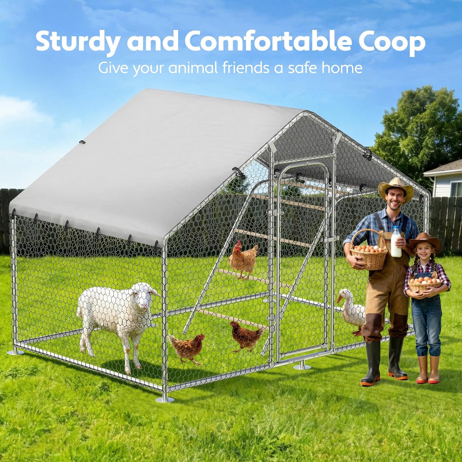 Metal Chicken Coop with Run, 10 x 5 x 6.4ft Outdoor Walk-in Chicken Run Pen Poultry Cage, Upgrade Roosting Perch,Waterproof & Anti-Ultraviolet Cover,Spire Roof