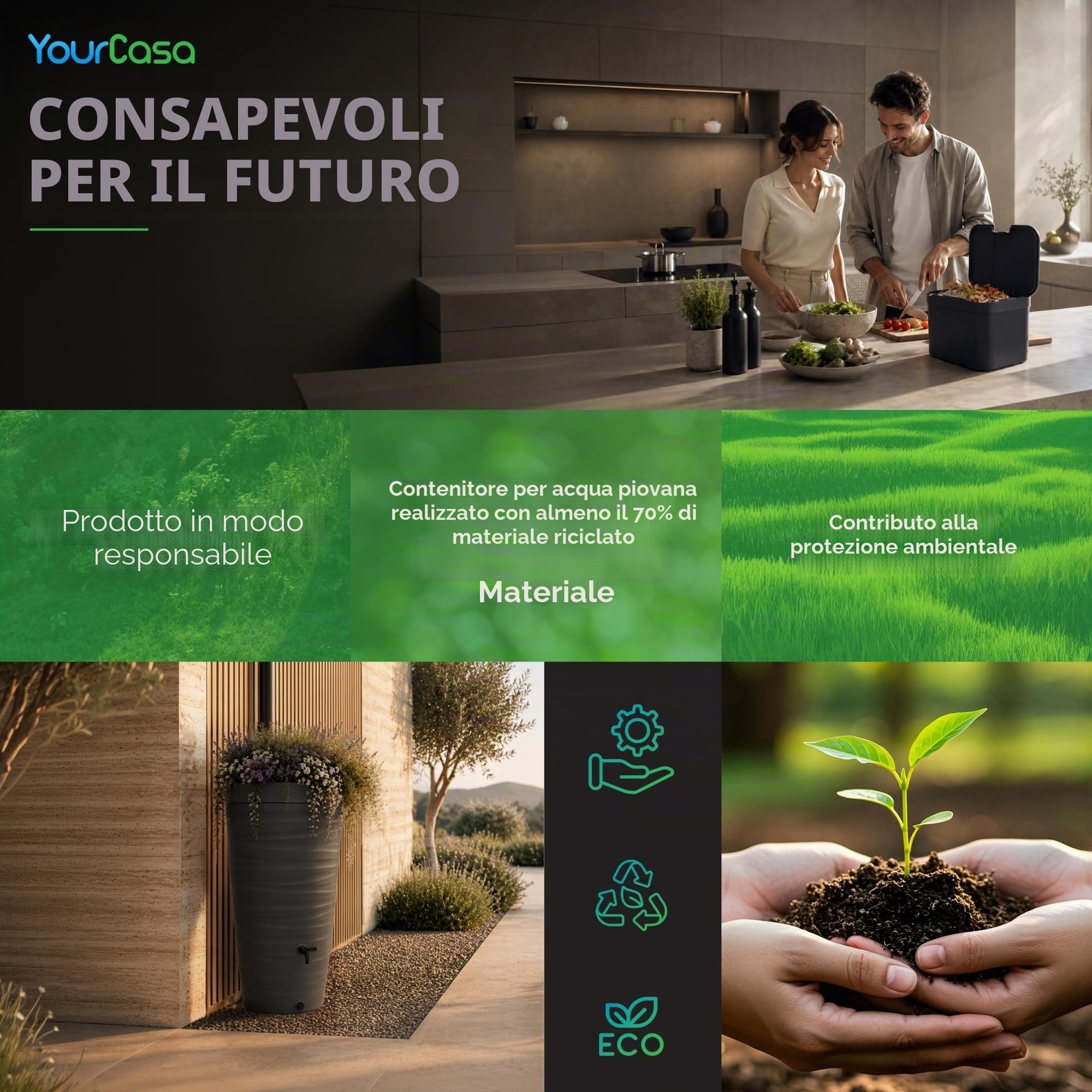 YourCasa Serbatoio Acqua Piovana 120 L, con Rubinetto e Filtro | Raccoglitore acqua piovana decorativo a forma di anfora, in plastica riciclata resistente UV, per giardino e terrazza