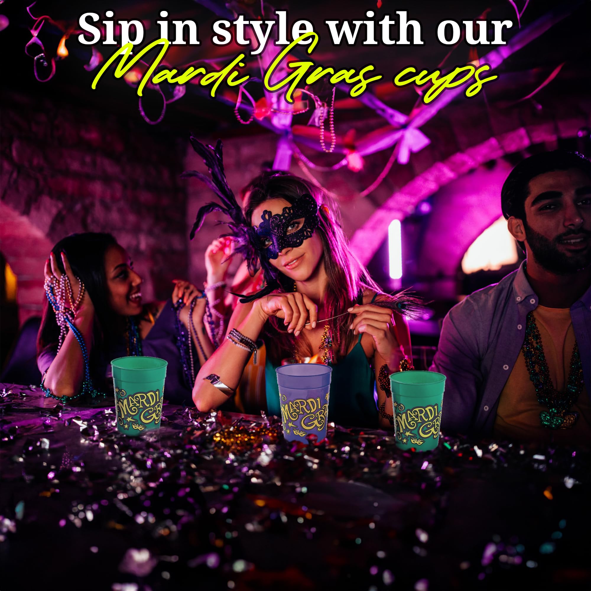 Fun Express Deluxe Mardi Gras plastikowe kubki - 350 ml - 12 szt