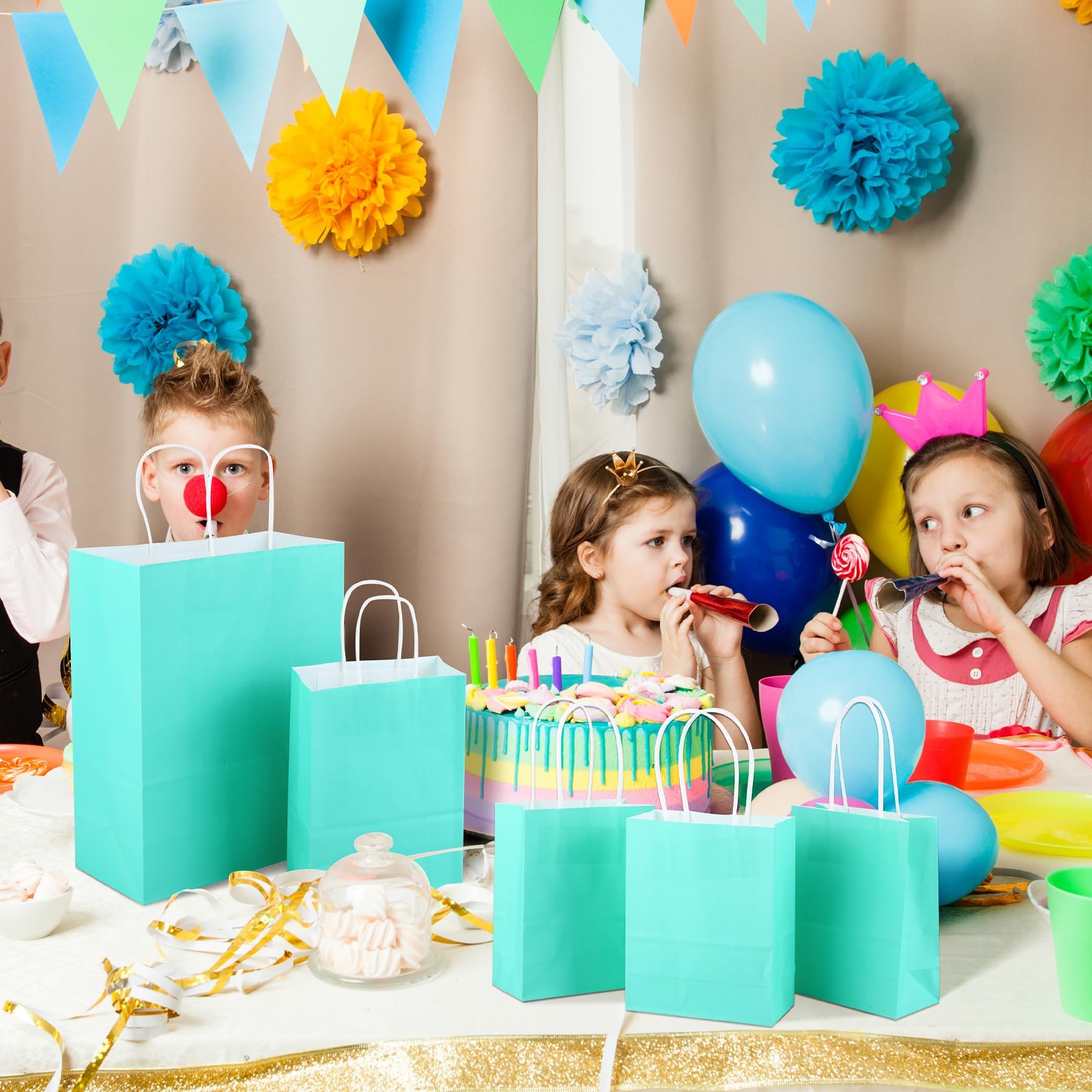 MIMIND 144 Pieces Teal Blue Gift Bags with Handles Assorted Sizes Mint Turquoise Paper Goodie Bags Bulk Party Favor Bags Supplies Baby Shower Birthday Wedding Engagement Bridal