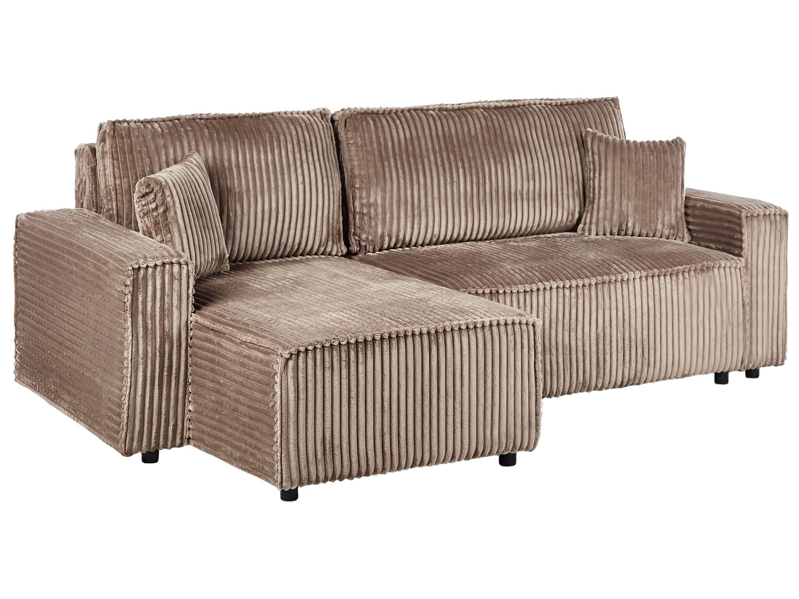 Sofa narożna prawostronna narożnik rozkładany z funkcją spania sztruksowa z poduchami kanapa przyjazna zwierzętom jasnobrązowa Abacka