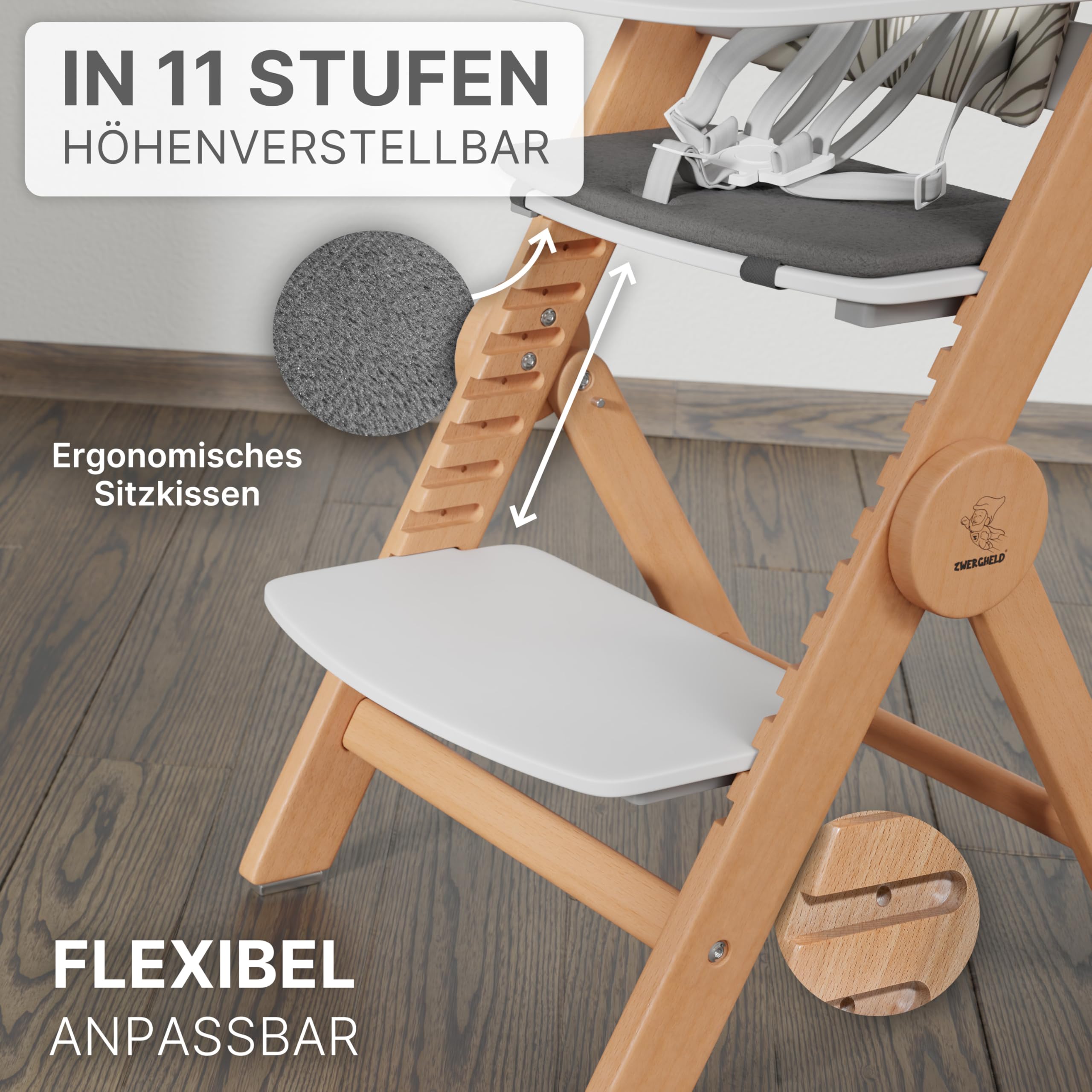 Premium Kinderhochstuhl ZS3 Set - mitwachsend klappbar verstellbar, Hochstuhl Baby ab 6 Monaten bis 90kg belastbar, mit Essbrett - Treppenhochstuhl Kinderstuhl Holz High Chair (natur)