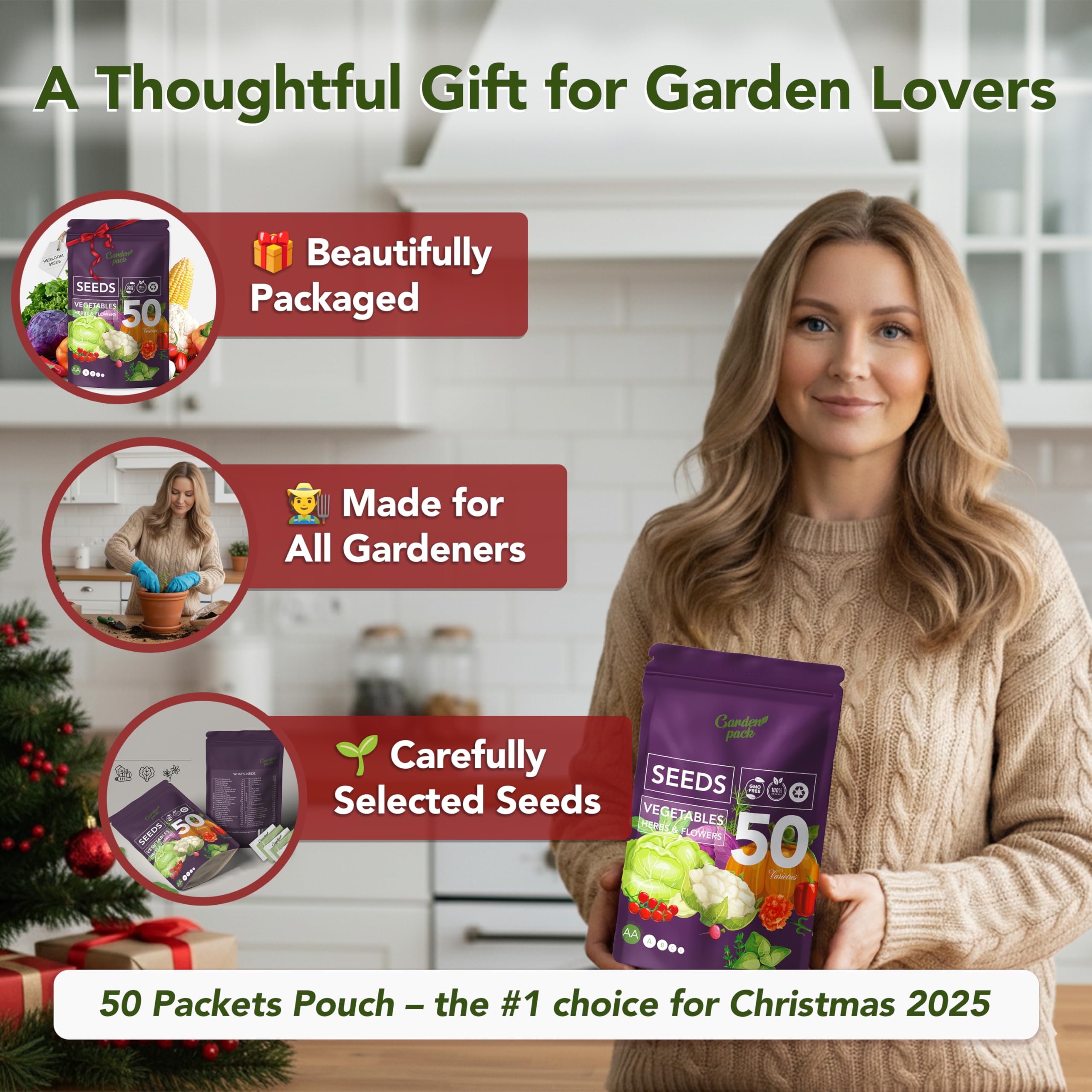 Garden Pack Vegetable Seeds Pouch - 50 Varieties of Vegetable, Herb & Flower Seeds for Planting - 25,000 Non GMO Heirloom Seeds - Gardening Gifts for Men and Women