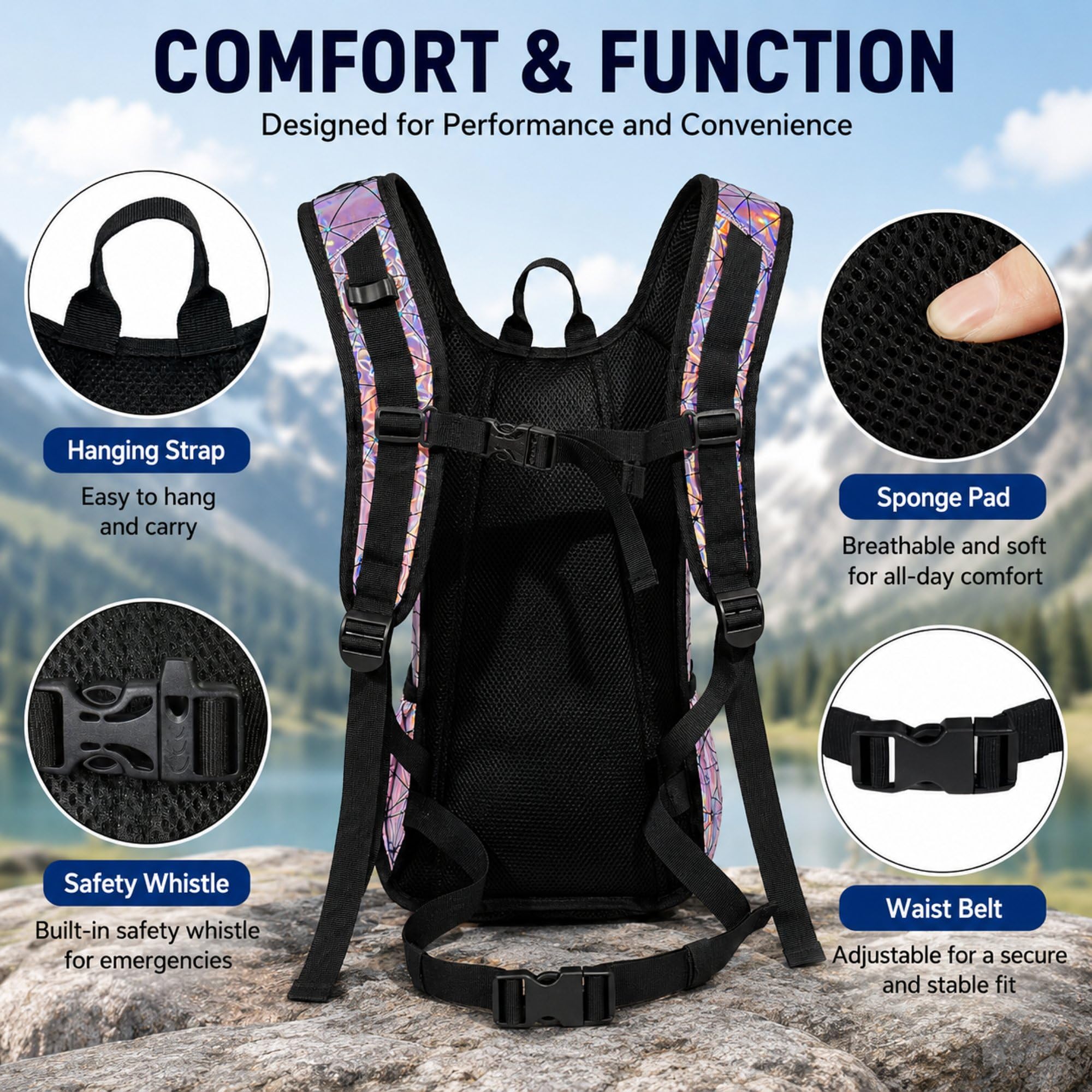Zaino per idratazione riflettente, zaino idrico con sacca idrica da 2 l/3 l, essenziale per festival, zaino per idratazione rave, per escursioni, corsa, ciclismo e festival