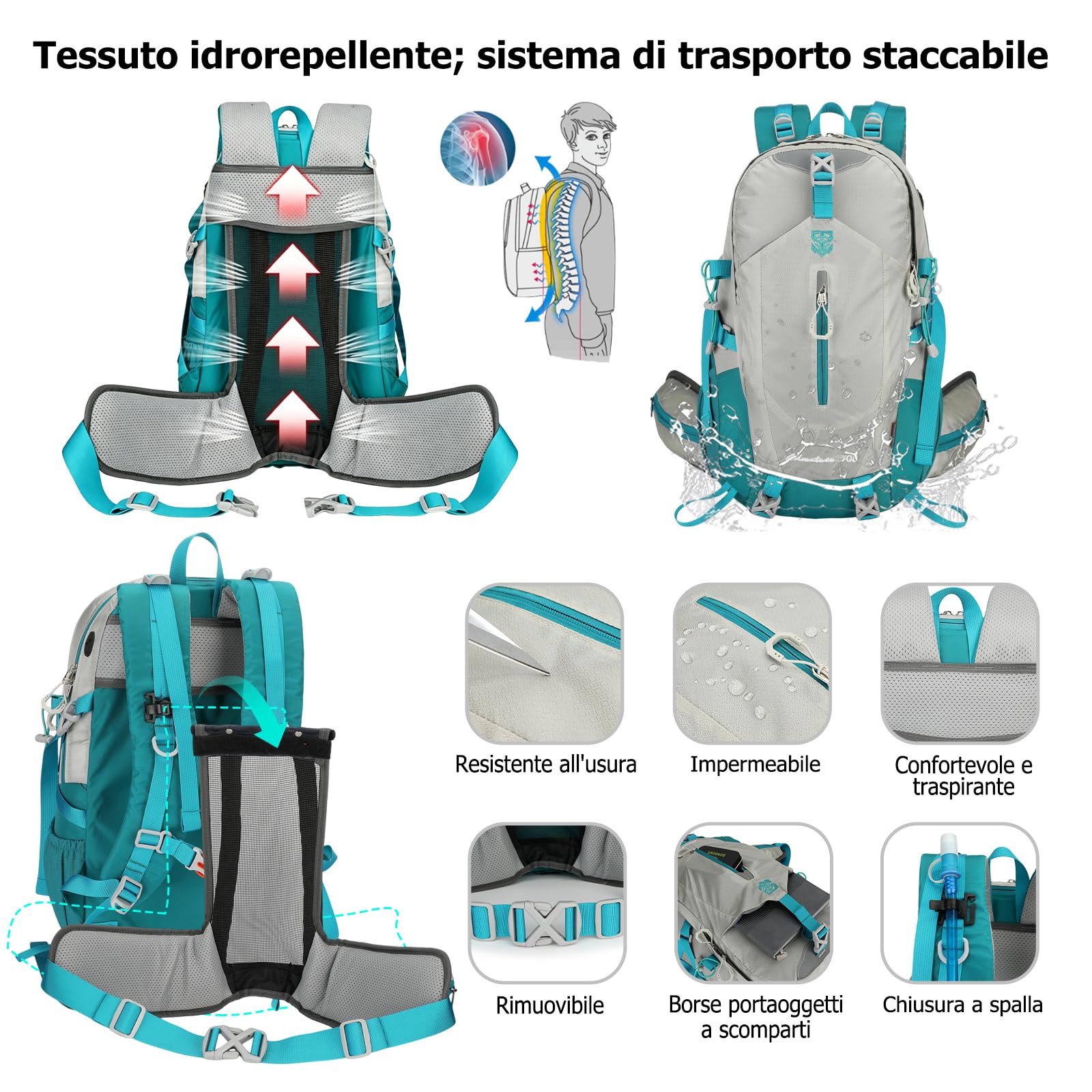 Zaino da Trekking 30L Zaino Impermeabile Grande Zaini Traspirante Hiking Nylon Campeggio Backpack per Donna Uomo Viaggio Sport Rosso