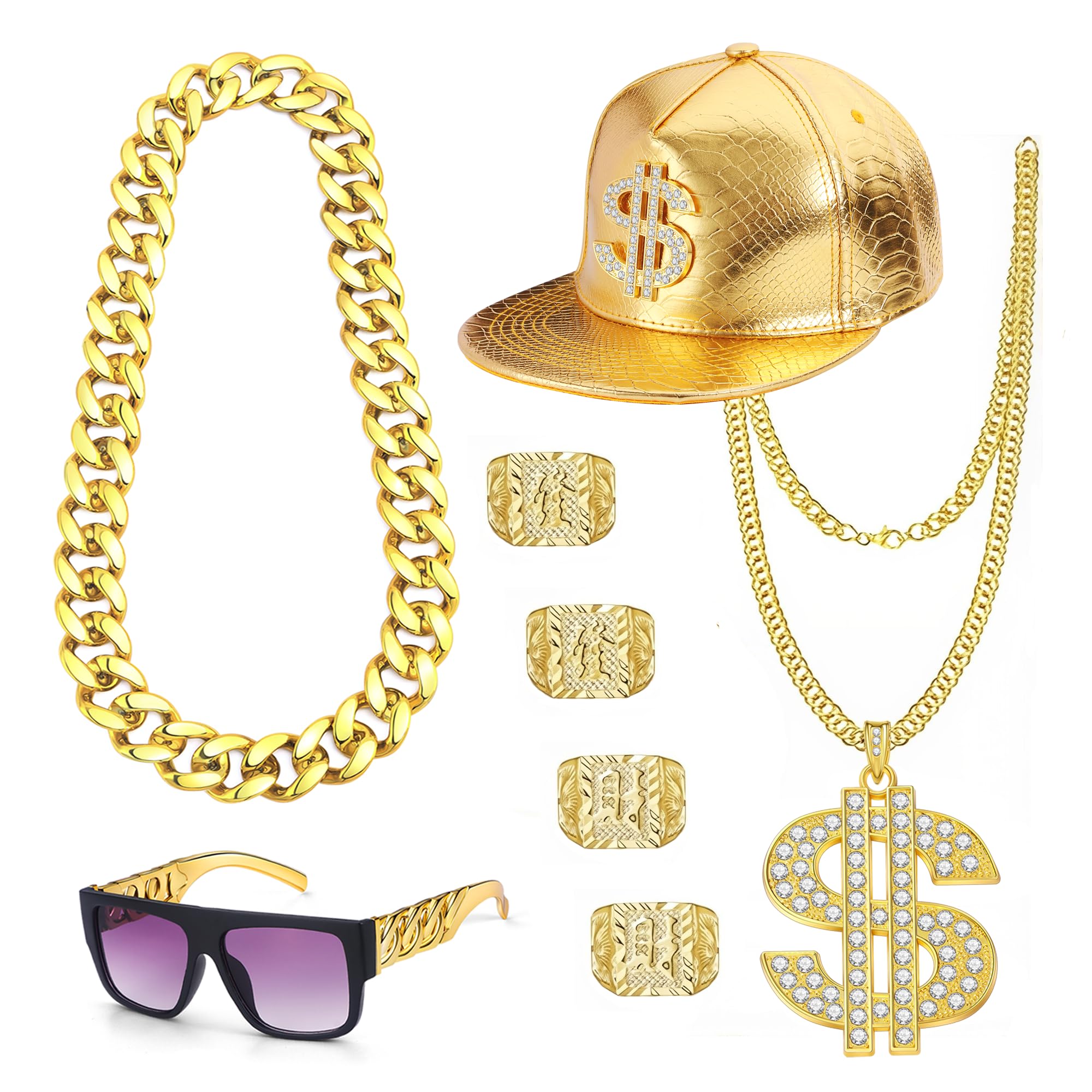 CASADN 80s 90s Accessories Outfit for Men Women Hip Hop Costume Kit Old School Rapper Sunglasse Fake Chain Money chain Hip Hop Hat Kanji Ring Party