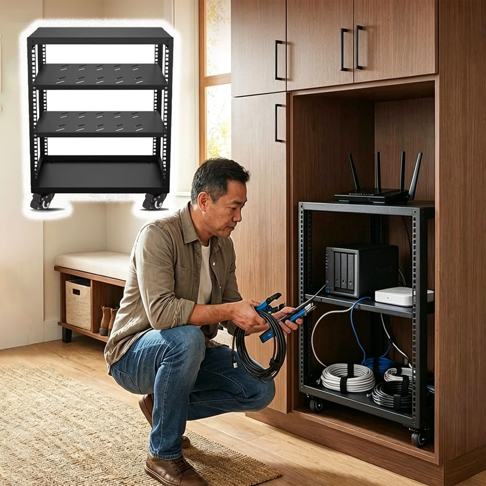 Vibeo Rack di Rete a Telaio Aperto Rack per Server Ventilato con Ripiani e 4 Ruote, Rack di Rete a Telaio Aperto 12U 16U 20U, Sistema Rack Audio per Apparecchiature di Rete da 48 cm(12U,2 Tier)