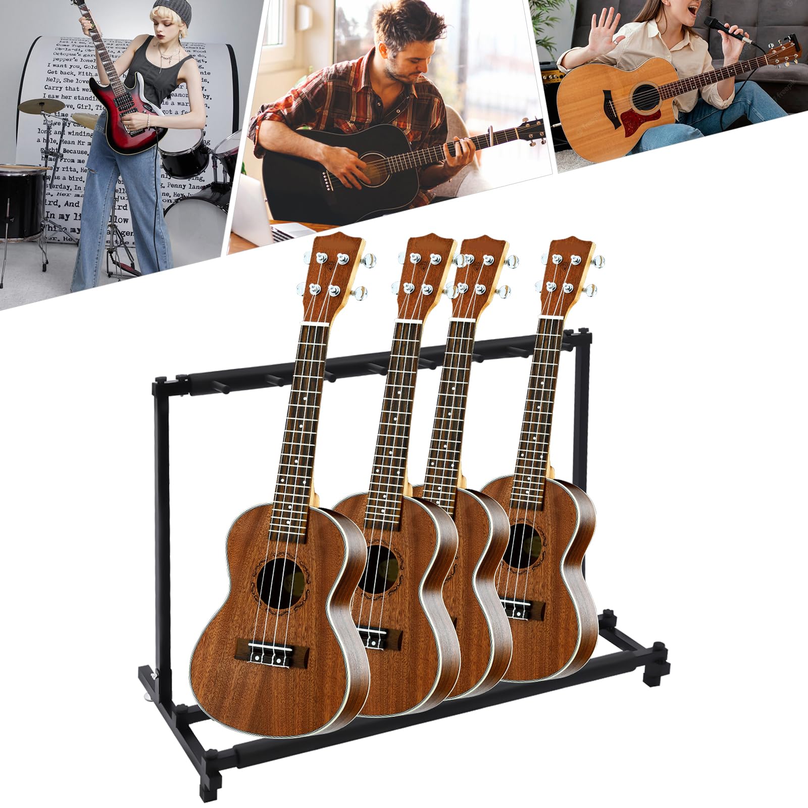 Cavalletto pieghevole portatile per chitarra, multifunzione, pieghevole, con ruote, per chitarra acustica, classica, basso acustico, chitarra elettrica, colore nero