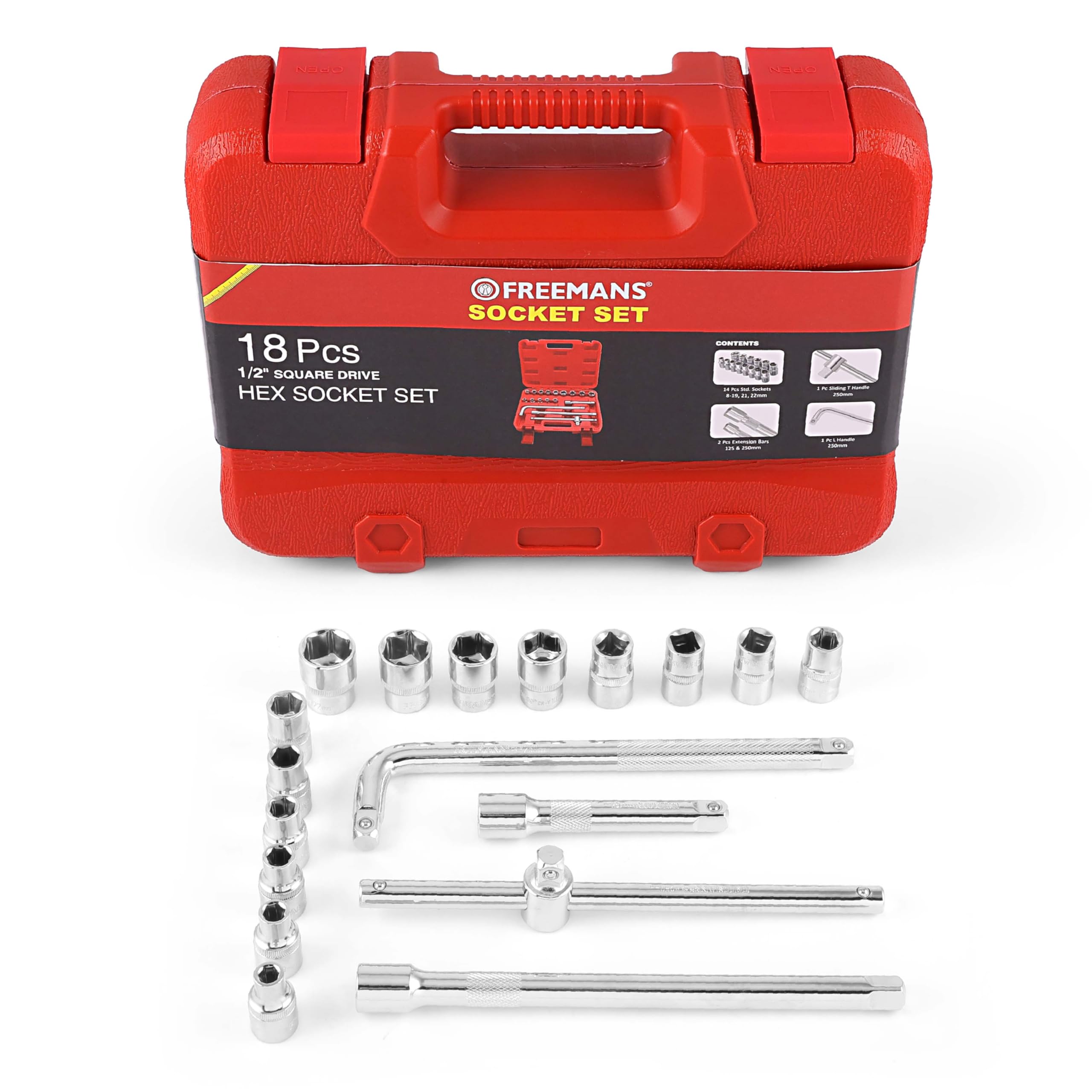 FREEMANS 1/2" Square Drive 18 Pieces HEX Sockets set With Carry Box, Chrome Vanadium Steel, Use for Home & Industrial || Professional Automobiles || Bike || Car Repair Tool Kit || 1 Year Warranty 2