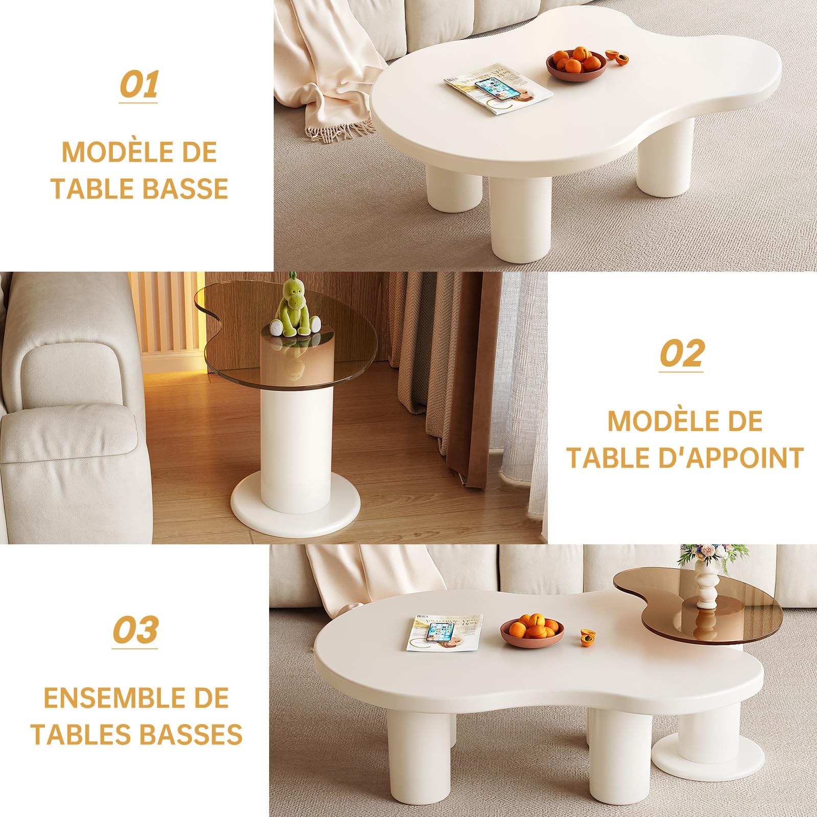 Miuuod Lot de 2 Tables Basses Modernes 2 en 1 de 104 cm, Tables Gigognes de Forme Irrégulière avec Plateau en Verre, pour Salon, Chambre, Bureau, Petits Espaces, Montage Facile, Blanc Crème