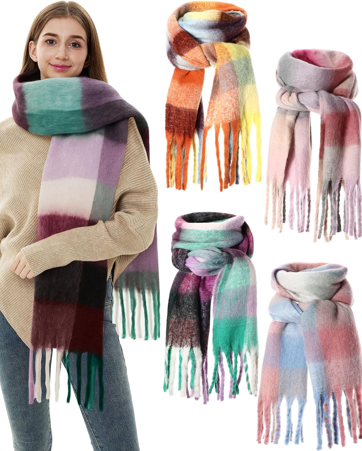 Shyyween 4 Pcs Large Chunky Plaid Scarf for Women Checked Scarf Shawl Blanket Warm Oversized Long Thick Gift