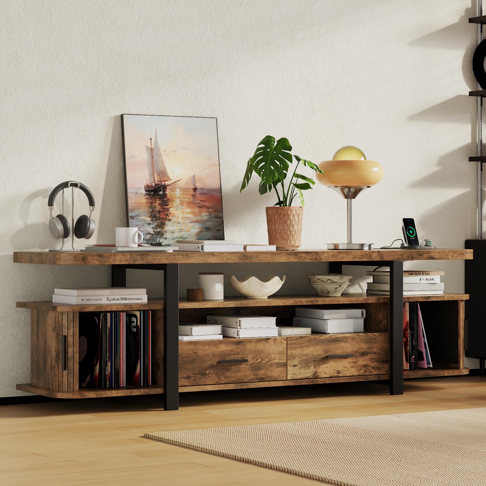 TV-Schrank,166cm TV Lowboard mit 2 Schiebetüren und 2 Schubladen,Fernsehschrank für TVs bis 70 Zoll,Fernsehtisch mit integriertes Kabelmanagement,TV Board,Fernsehschrank für Wohnzimmer,Vintagebraun